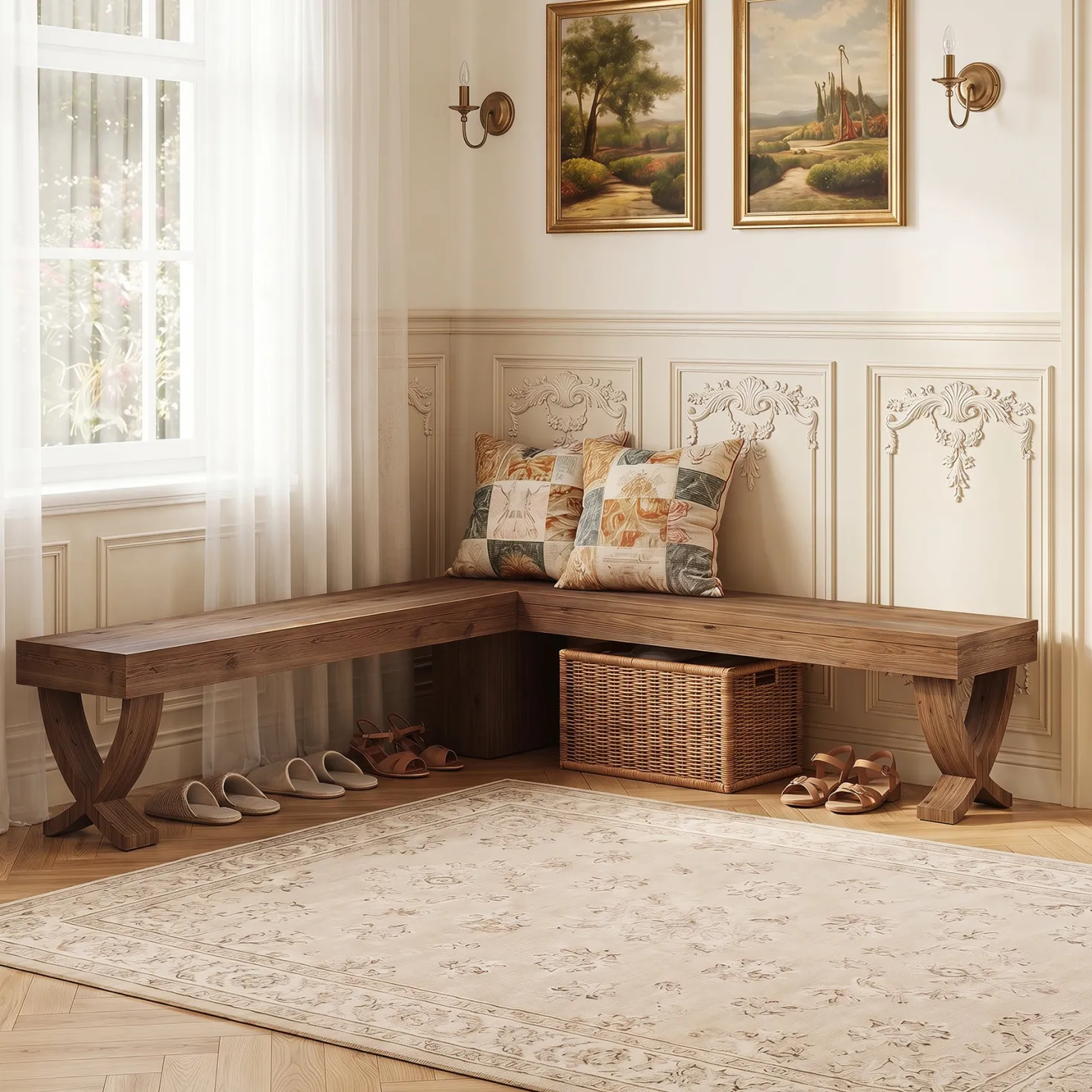 55" L-Shaped Corner Bench, Farmhouse Nook Dining Bench with X-Shaped Leg