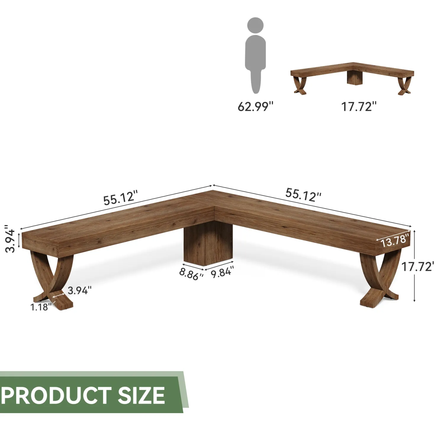 55" L-Shaped Corner Bench, Farmhouse Nook Dining Bench with X-Shaped Leg