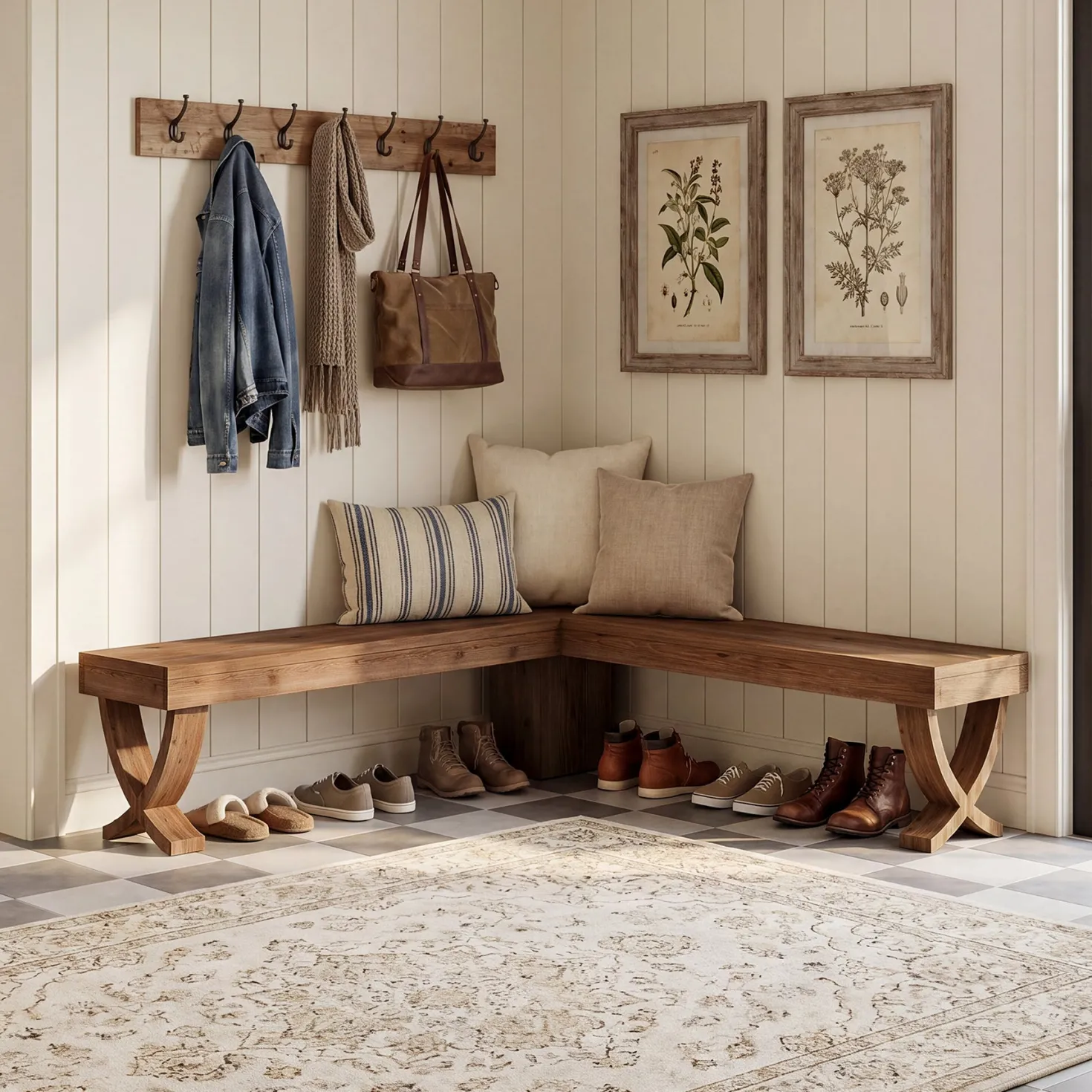 55" L-Shaped Corner Bench, Farmhouse Nook Dining Bench with X-Shaped Leg
