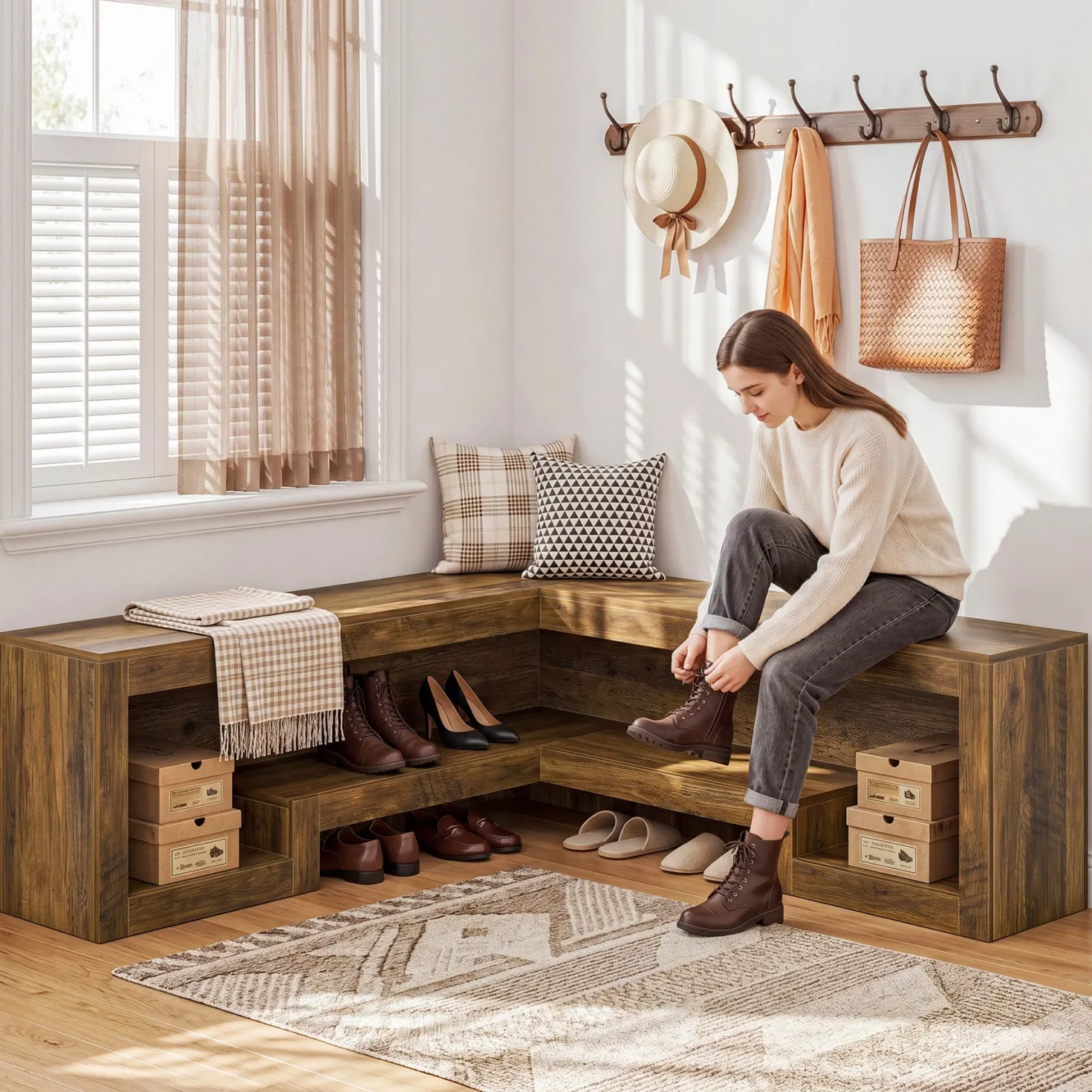55“ L-Shaped Corner Bench, wooden Breakfast Nook Bench With Storage For Entryway