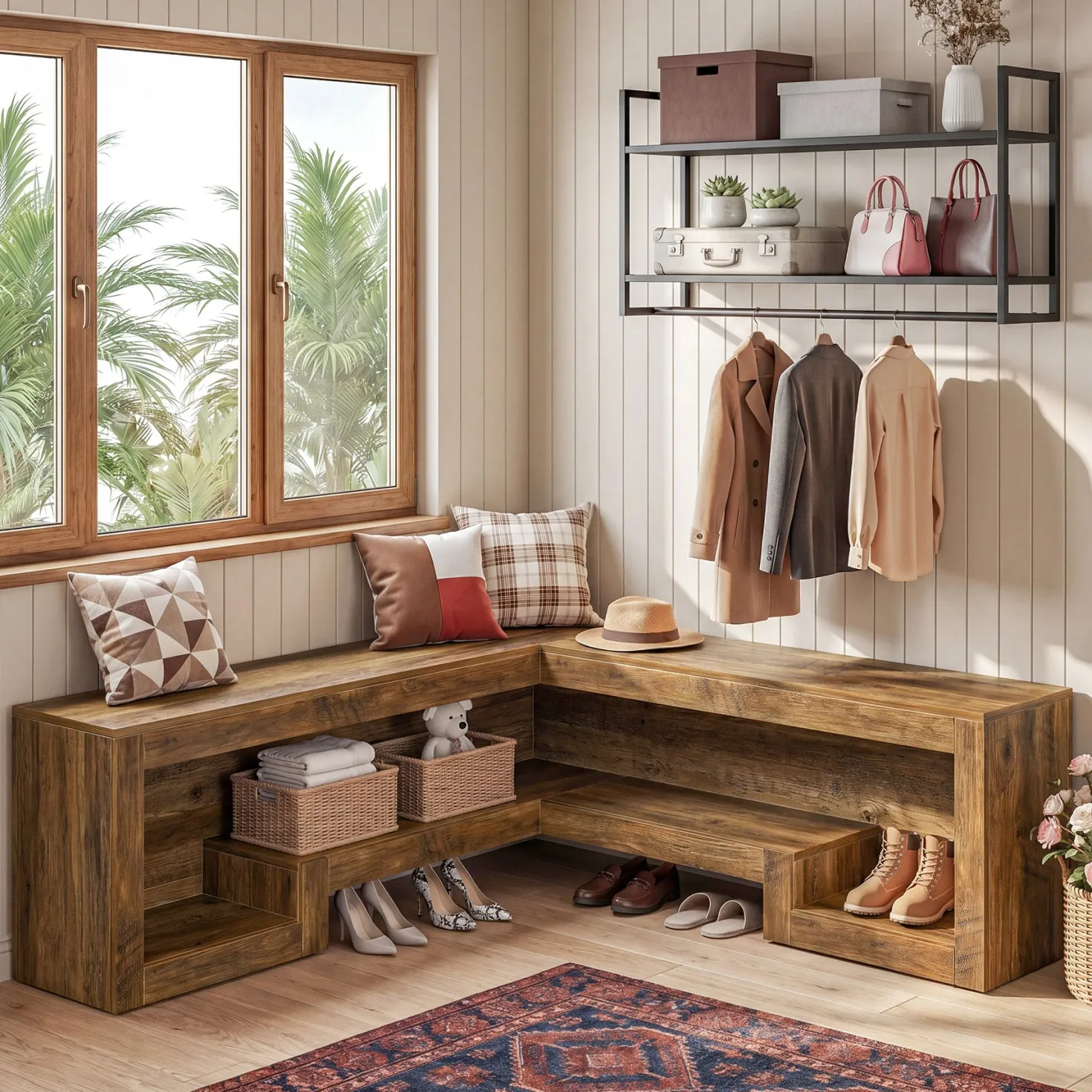 55“ L-Shaped Corner Bench, wooden Breakfast Nook Bench With Storage For Entryway