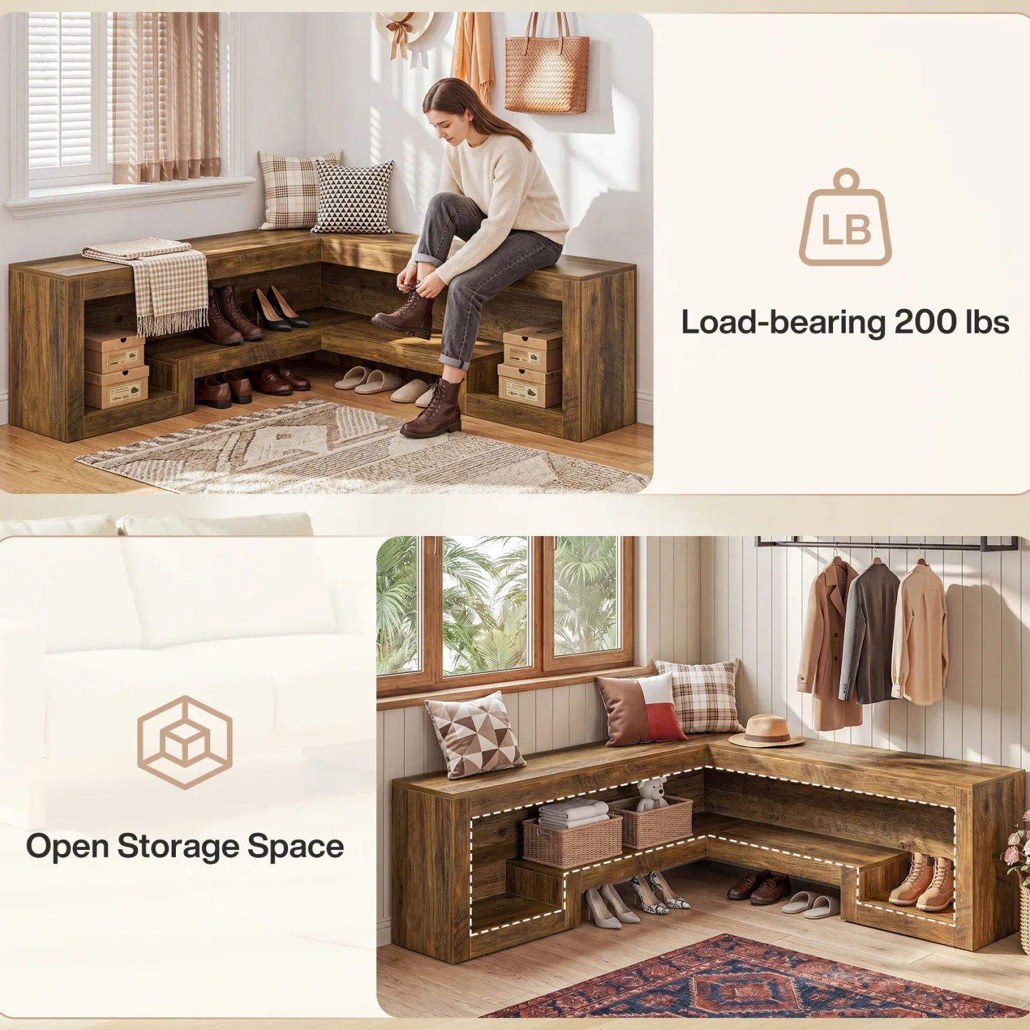55“ L-Shaped Corner Bench, wooden Breakfast Nook Bench With Storage For Entryway