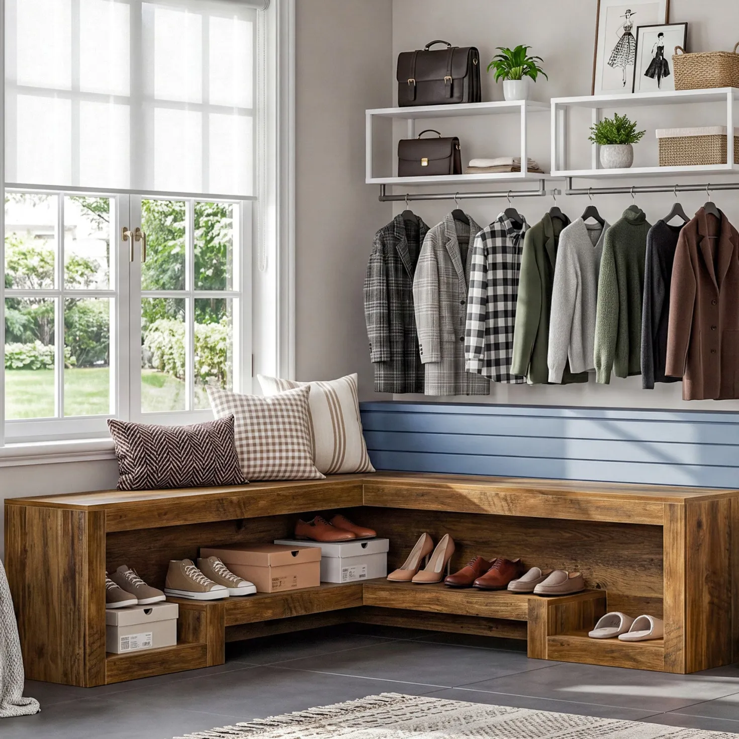 55“ L-Shaped Corner Bench, wooden Breakfast Nook Bench With Storage For Entryway