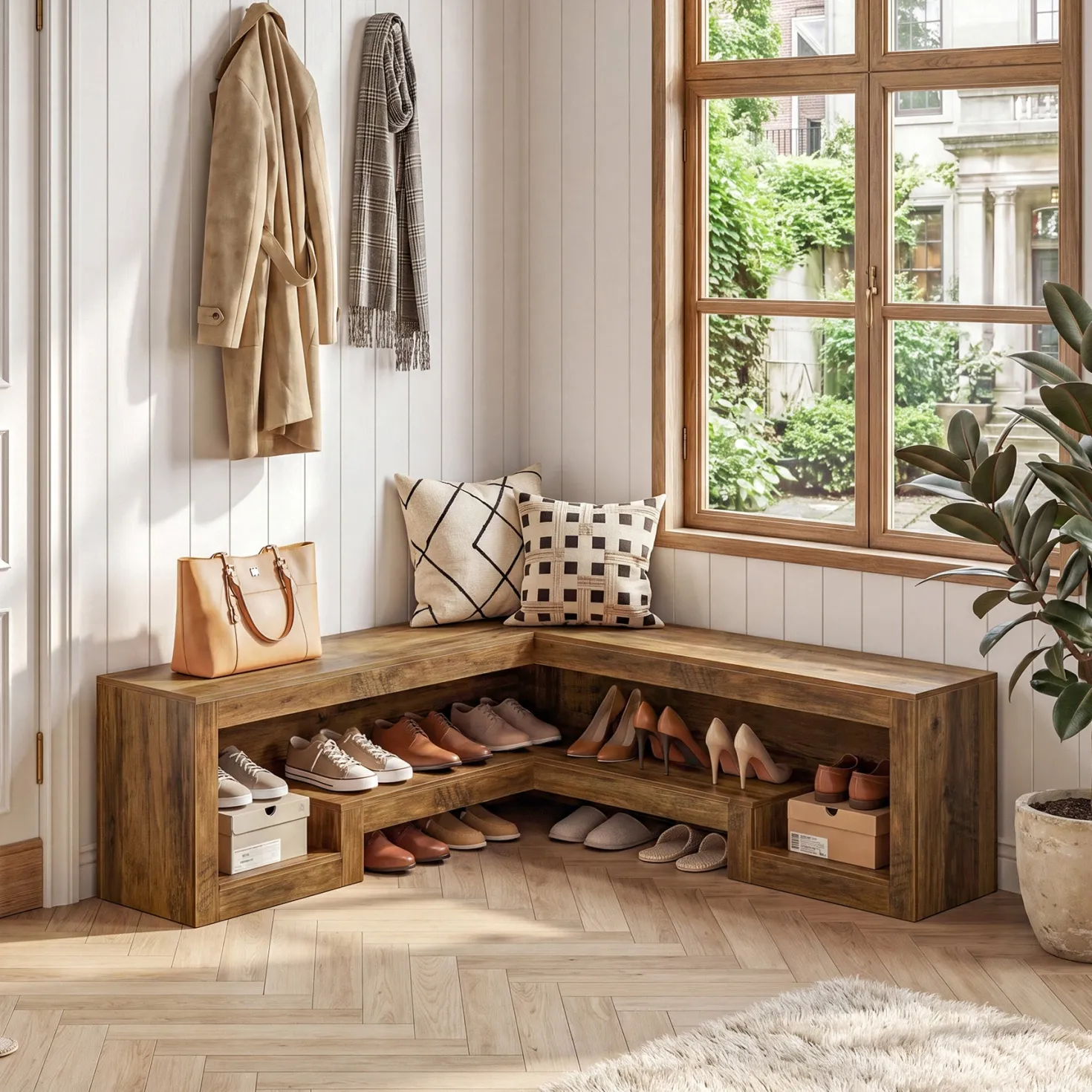 55“ L-Shaped Corner Bench, wooden Breakfast Nook Bench With Storage For Entryway