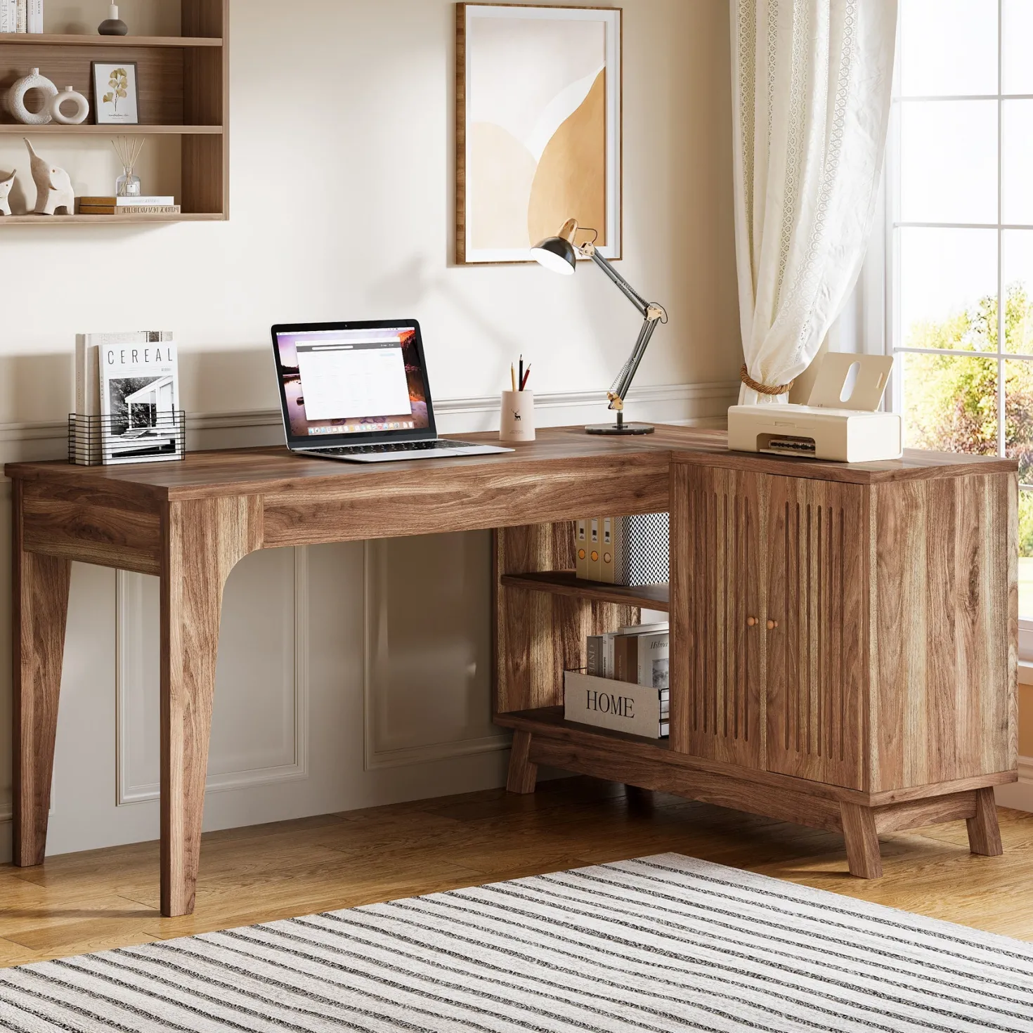 57" L-Shaped Corner Desk, Wood Computer Desk Study Writing Table with Cabinet