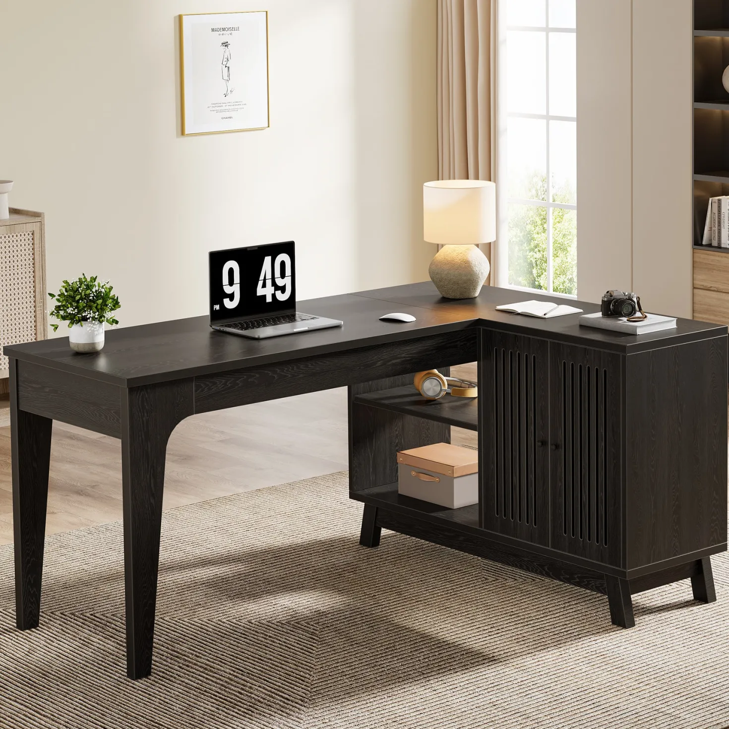 57" L-Shaped Corner Desk, Wood Computer Desk Study Writing Table with Cabinet