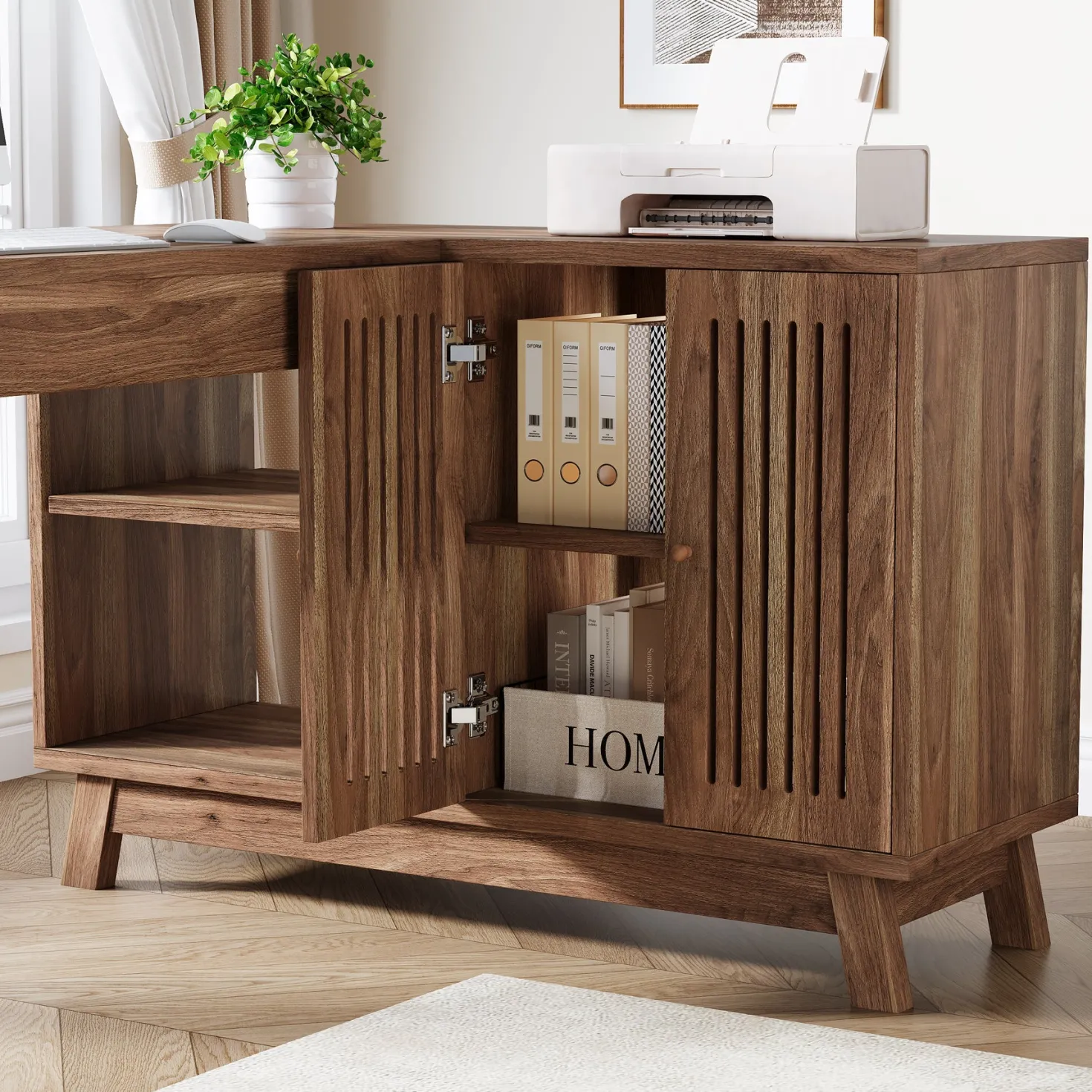 57" L-Shaped Corner Desk, Wood Computer Desk Study Writing Table with Cabinet