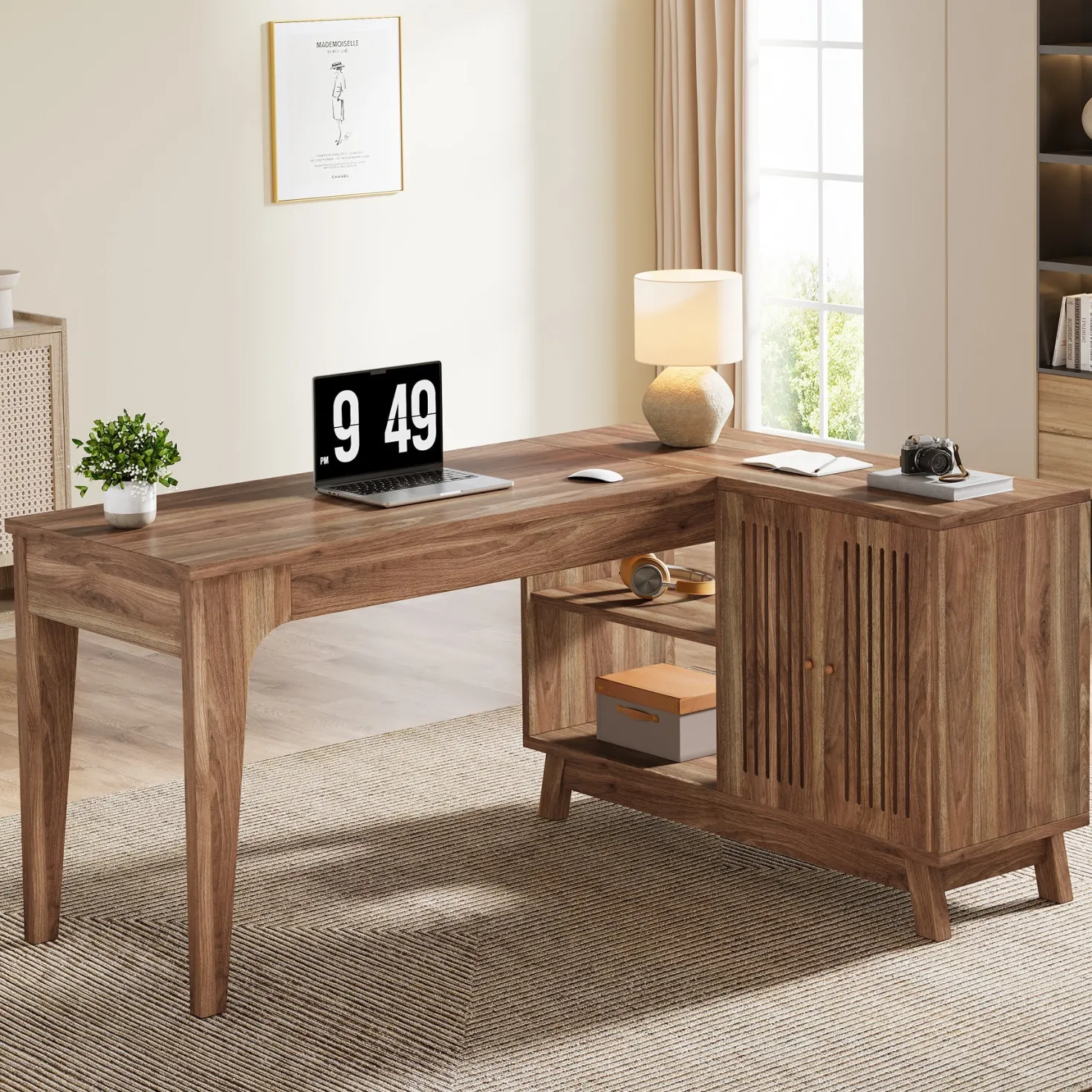 57" L-Shaped Corner Desk, Wood Computer Desk Study Writing Table with Cabinet