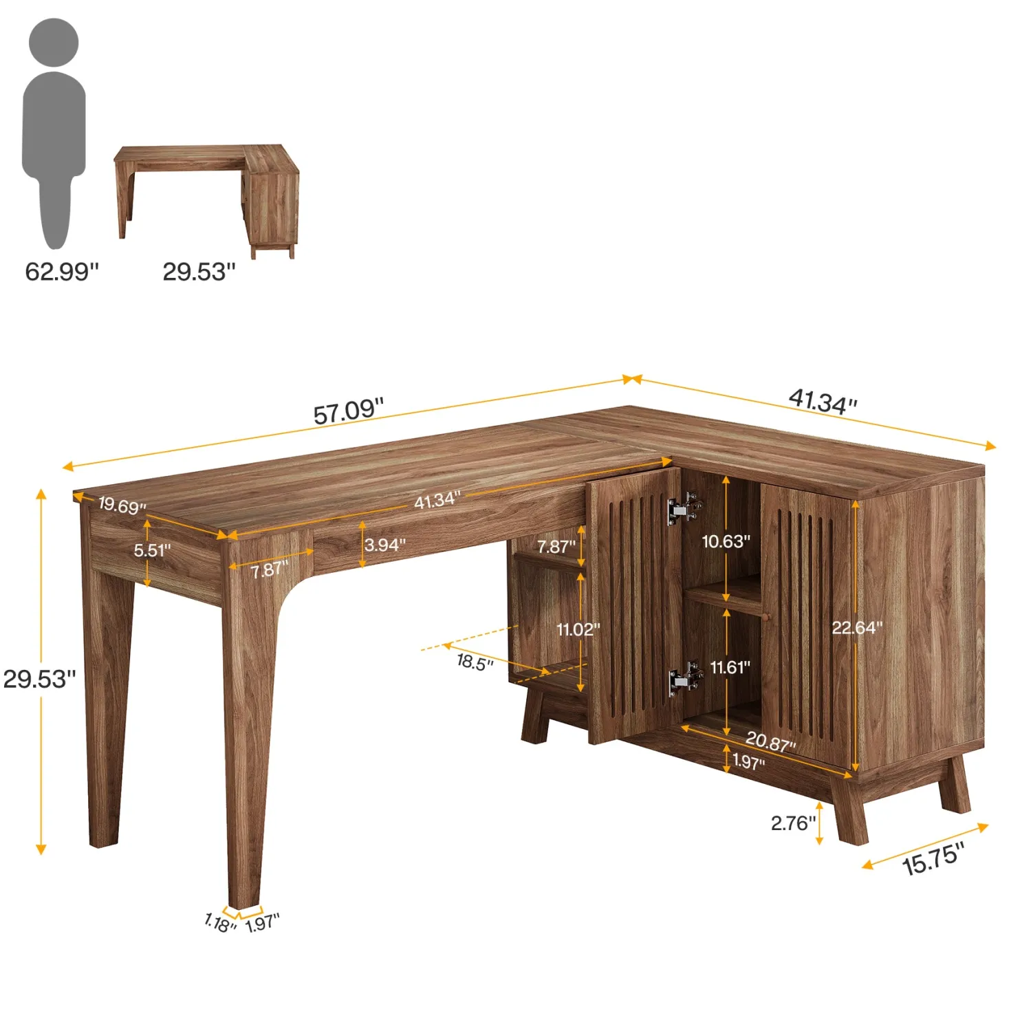 57" L-Shaped Corner Desk, Wood Computer Desk Study Writing Table with Cabinet