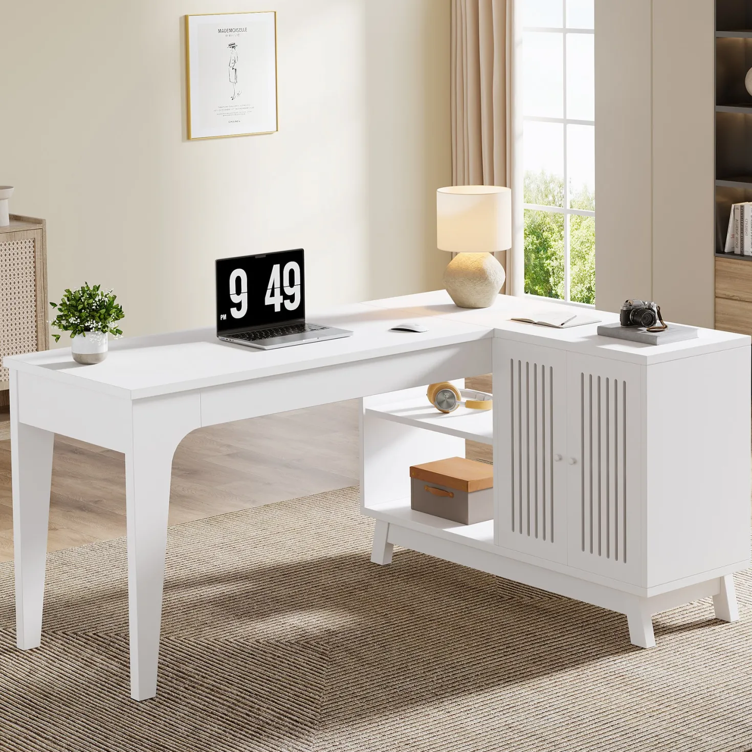 57" L-Shaped Corner Desk, Wood Computer Desk Study Writing Table with Cabinet