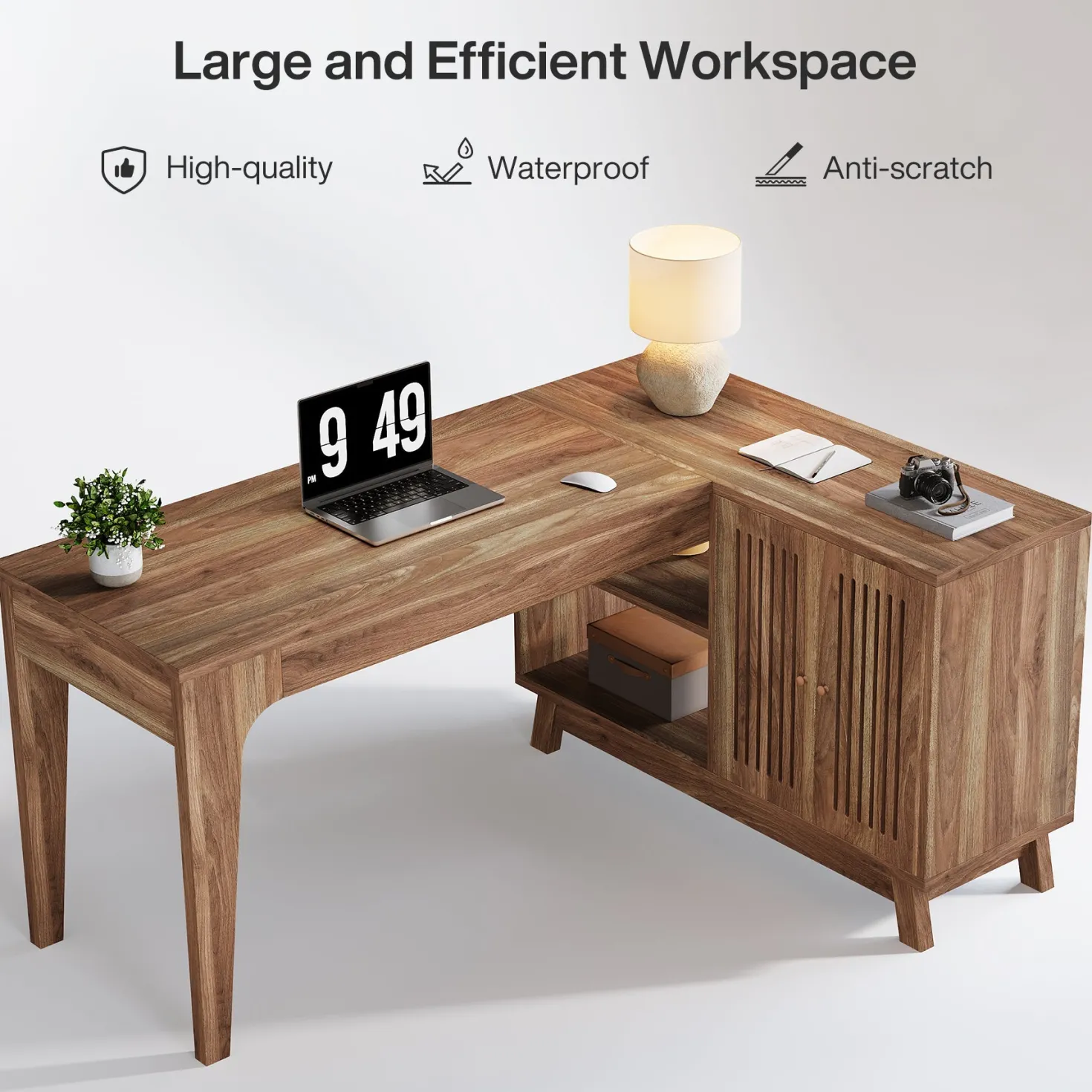 57" L-Shaped Corner Desk, Wood Computer Desk Study Writing Table with Cabinet