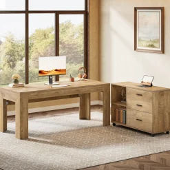 63" L-Shaped Desk, Executive Office Desk with Mobile Lateral File Cabinet
