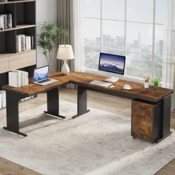 83" L-Shaped Desk, Industrial Corner Executive Desk with Mobile File Cabinet
