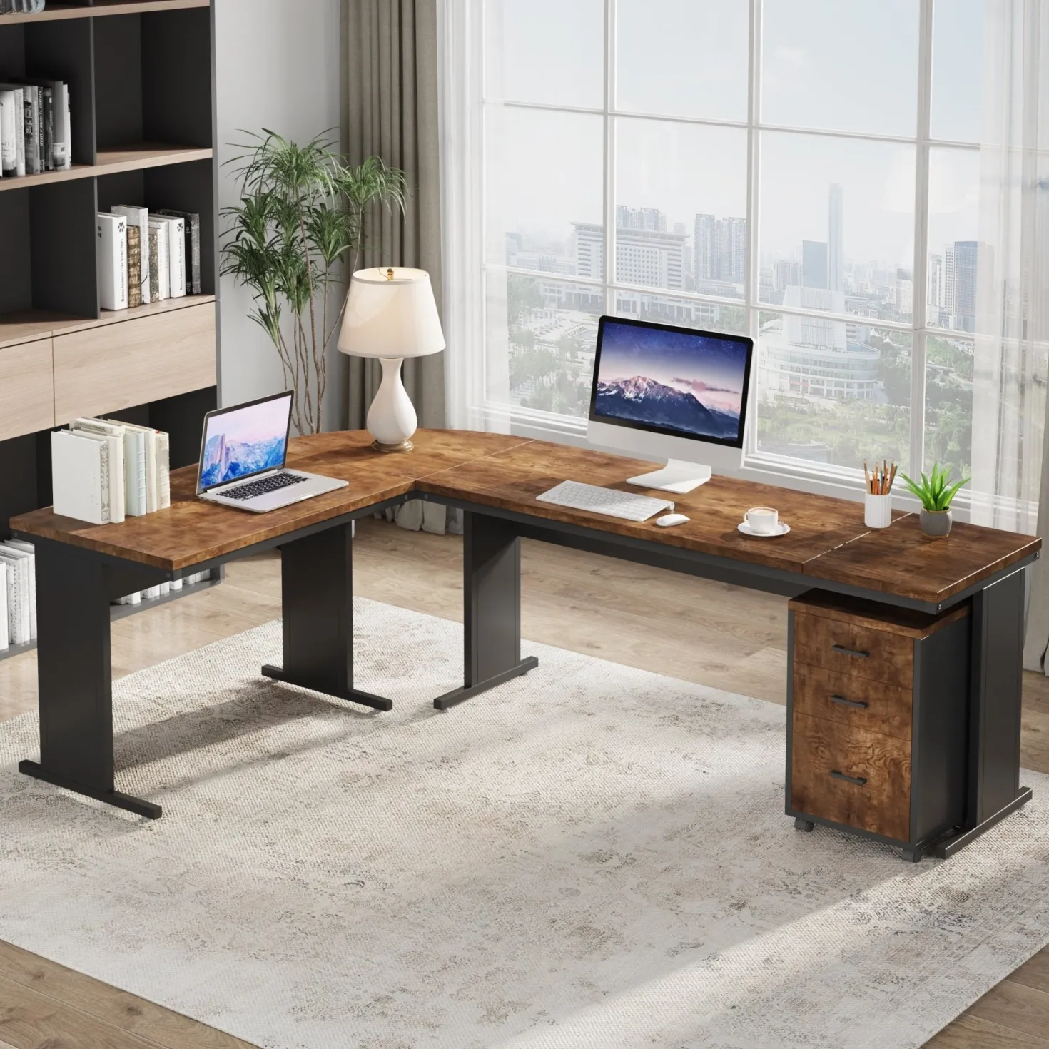 83" L-Shaped Desk, Industrial Corner Executive Desk with Mobile File Cabinet