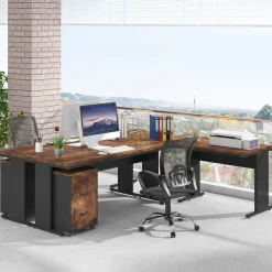 83" L-Shaped Desk, Industrial Corner Executive Desk with Mobile File Cabinet