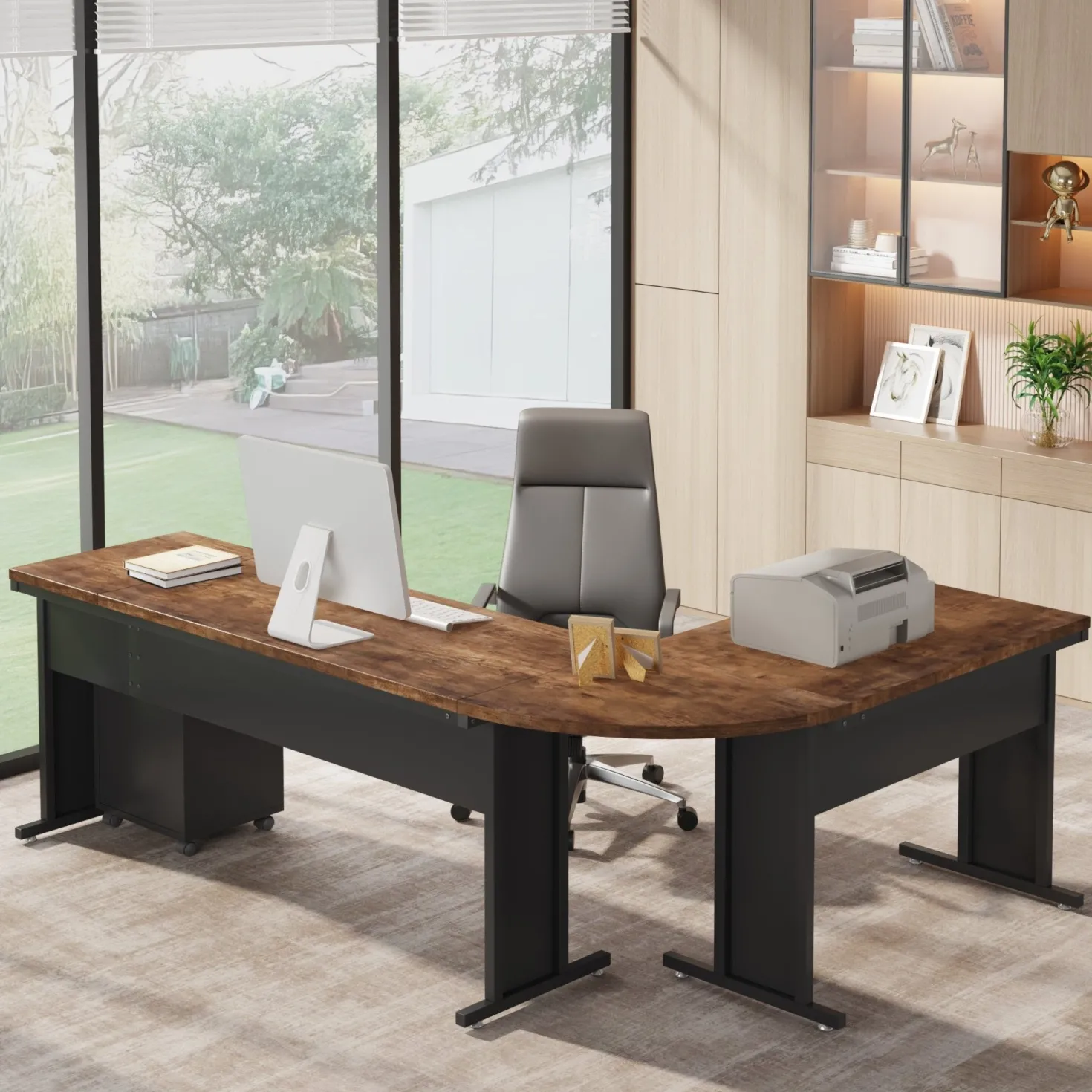 83" L-Shaped Desk, Industrial Corner Executive Desk with Mobile File Cabinet