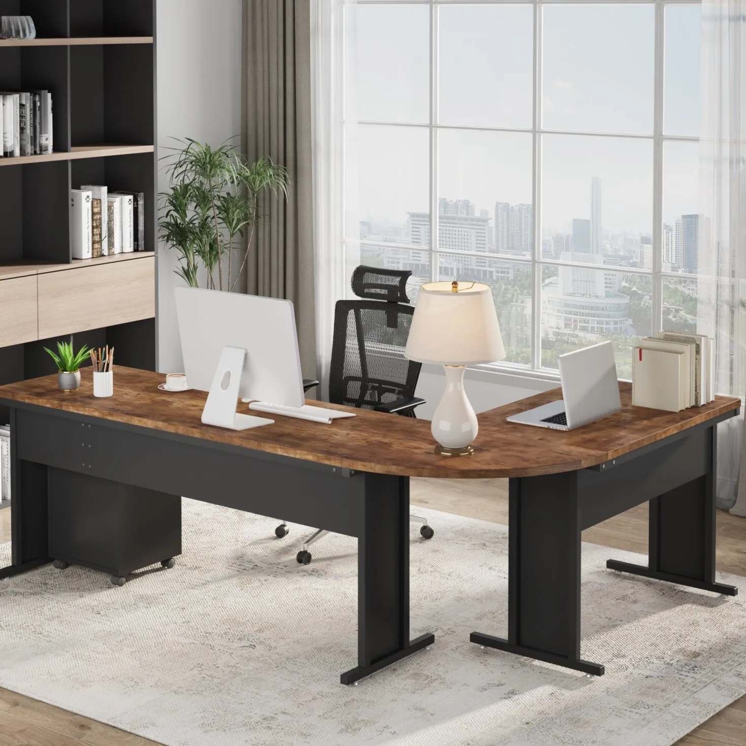 83" L-Shaped Desk, Industrial Corner Executive Desk with Mobile File Cabinet