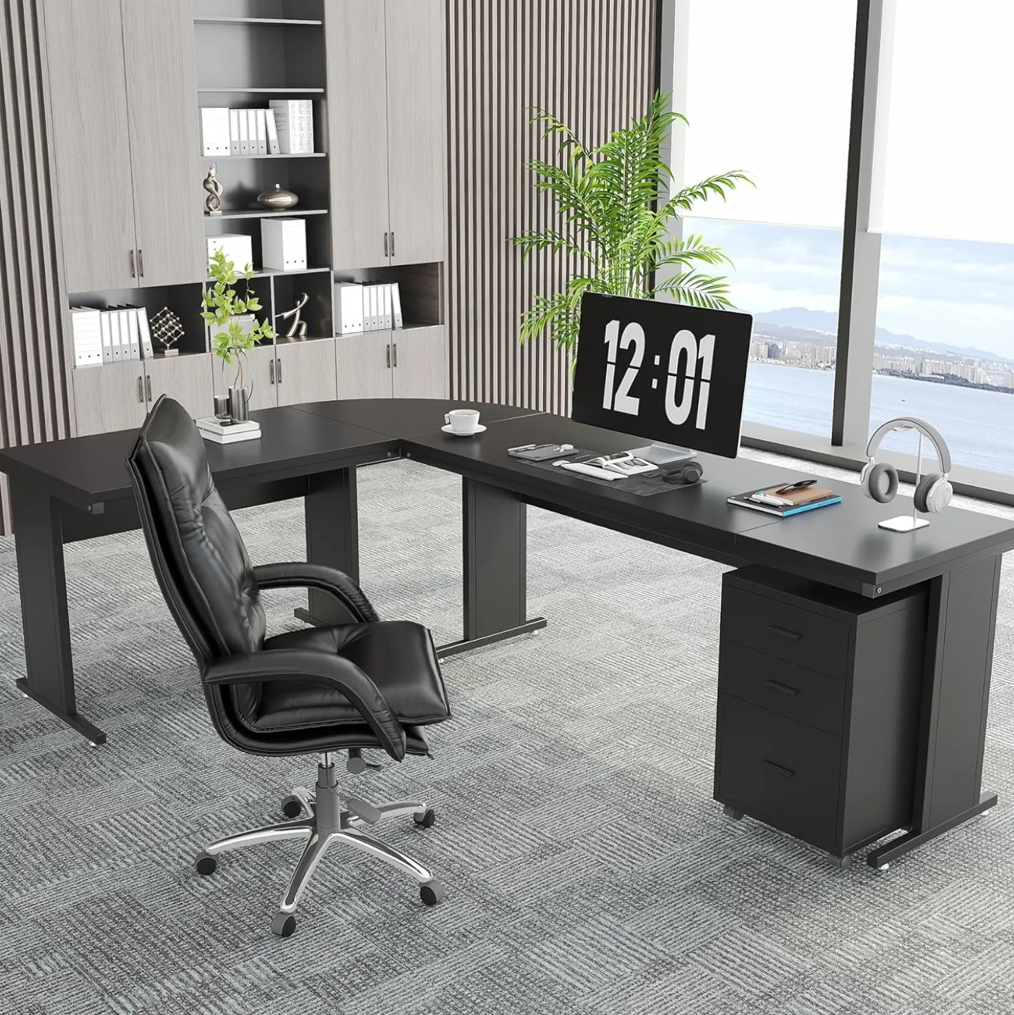 83" L-Shaped Desk, Industrial Corner Executive Desk with Mobile File Cabinet