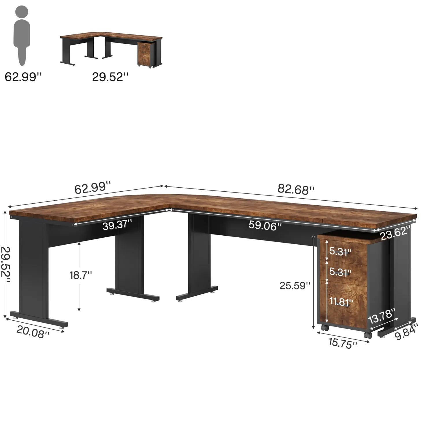 83" L-Shaped Desk, Industrial Corner Executive Desk with Mobile File Cabinet