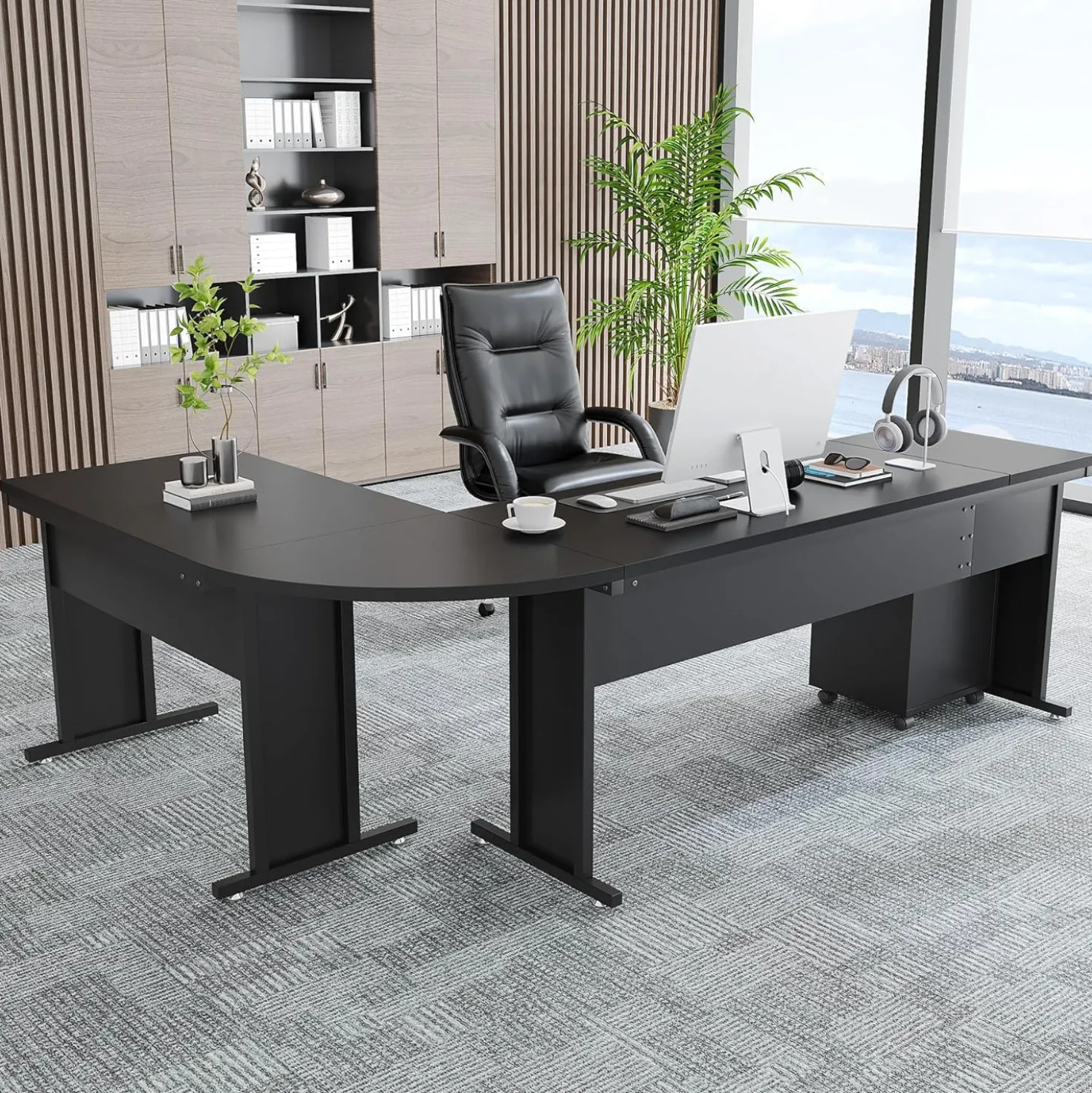 83" L-Shaped Desk, Industrial Corner Executive Desk with Mobile File Cabinet