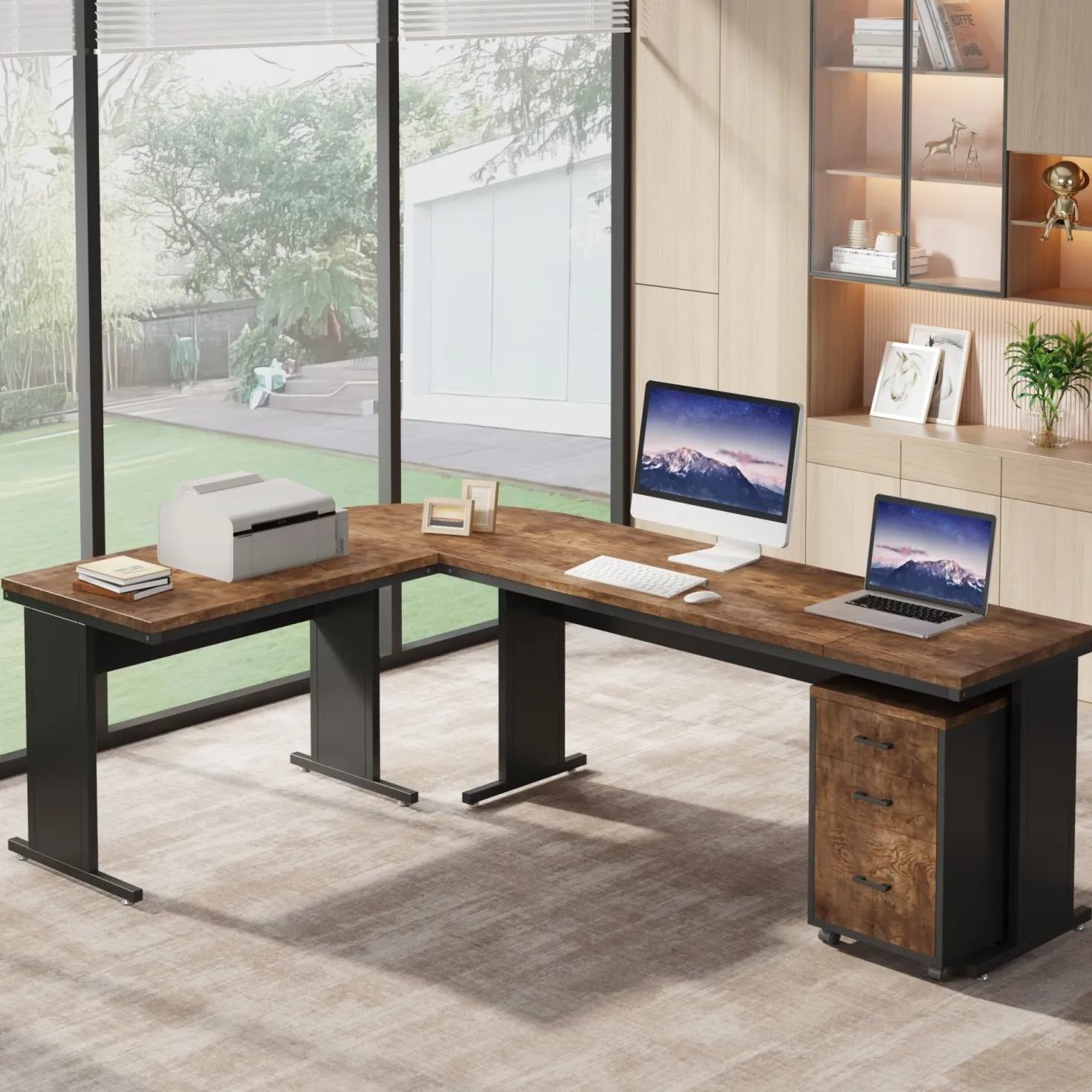 83" L-Shaped Desk, Industrial Corner Executive Desk with Mobile File Cabinet