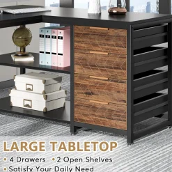 59" L-Shaped Desk, Reversible Corner Desk with Drawers & Shelves