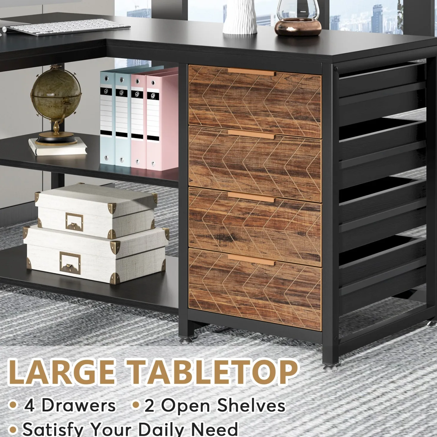 59" L-Shaped Desk, Reversible Corner Desk with Drawers & Shelves