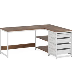 59" L-Shaped Desk, Reversible Corner Desk with Drawers & Shelves