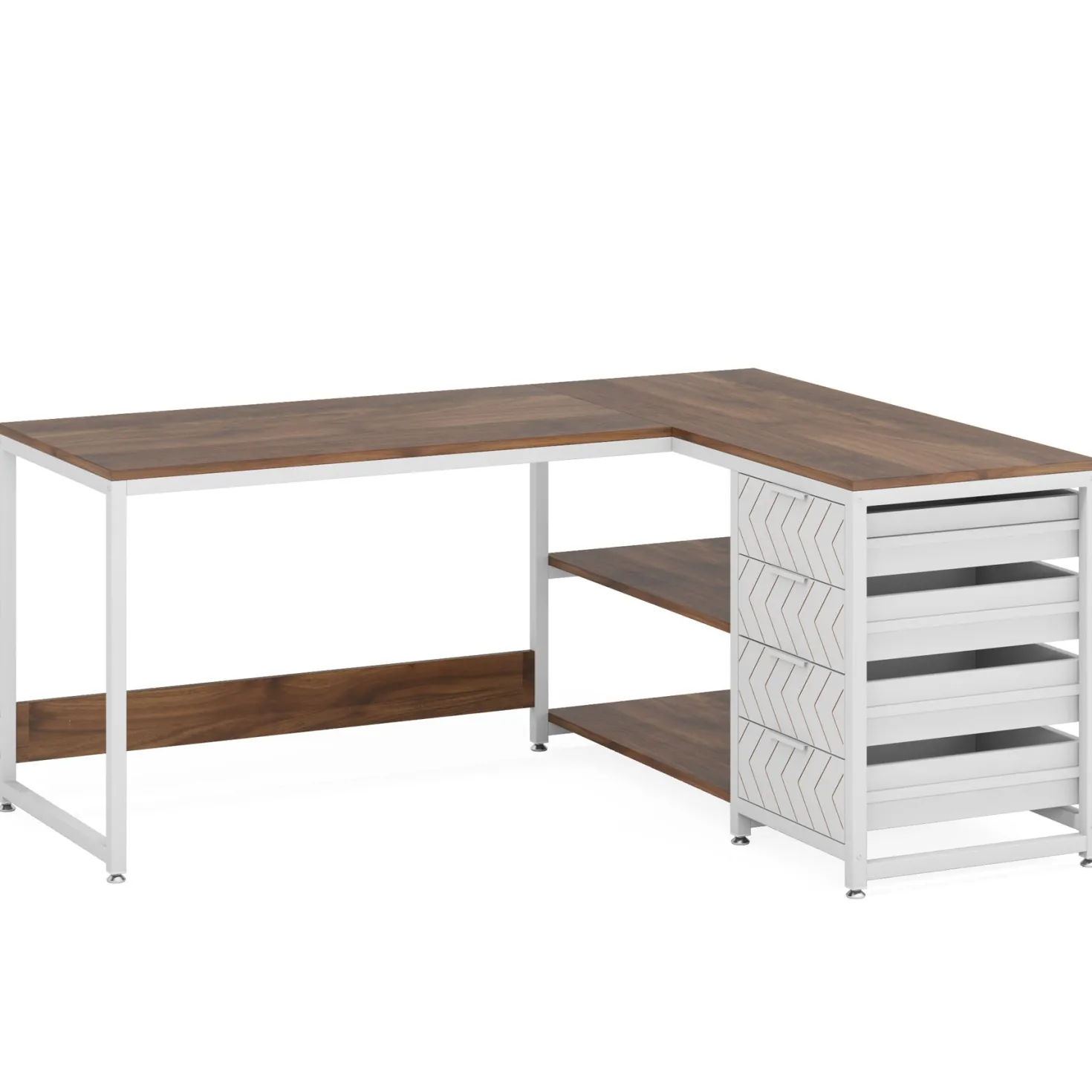 59" L-Shaped Desk, Reversible Corner Desk with Drawers & Shelves