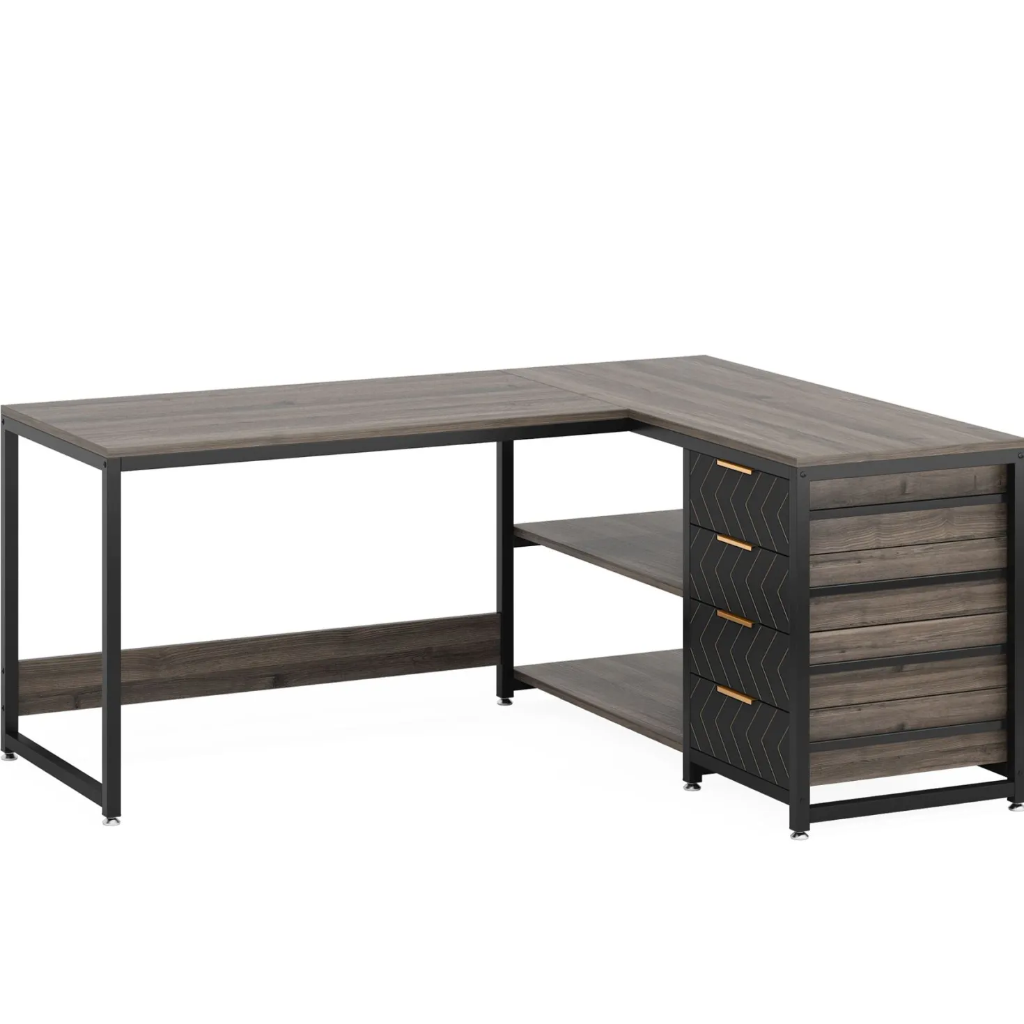 59" L-Shaped Desk, Reversible Corner Desk with Drawers & Shelves