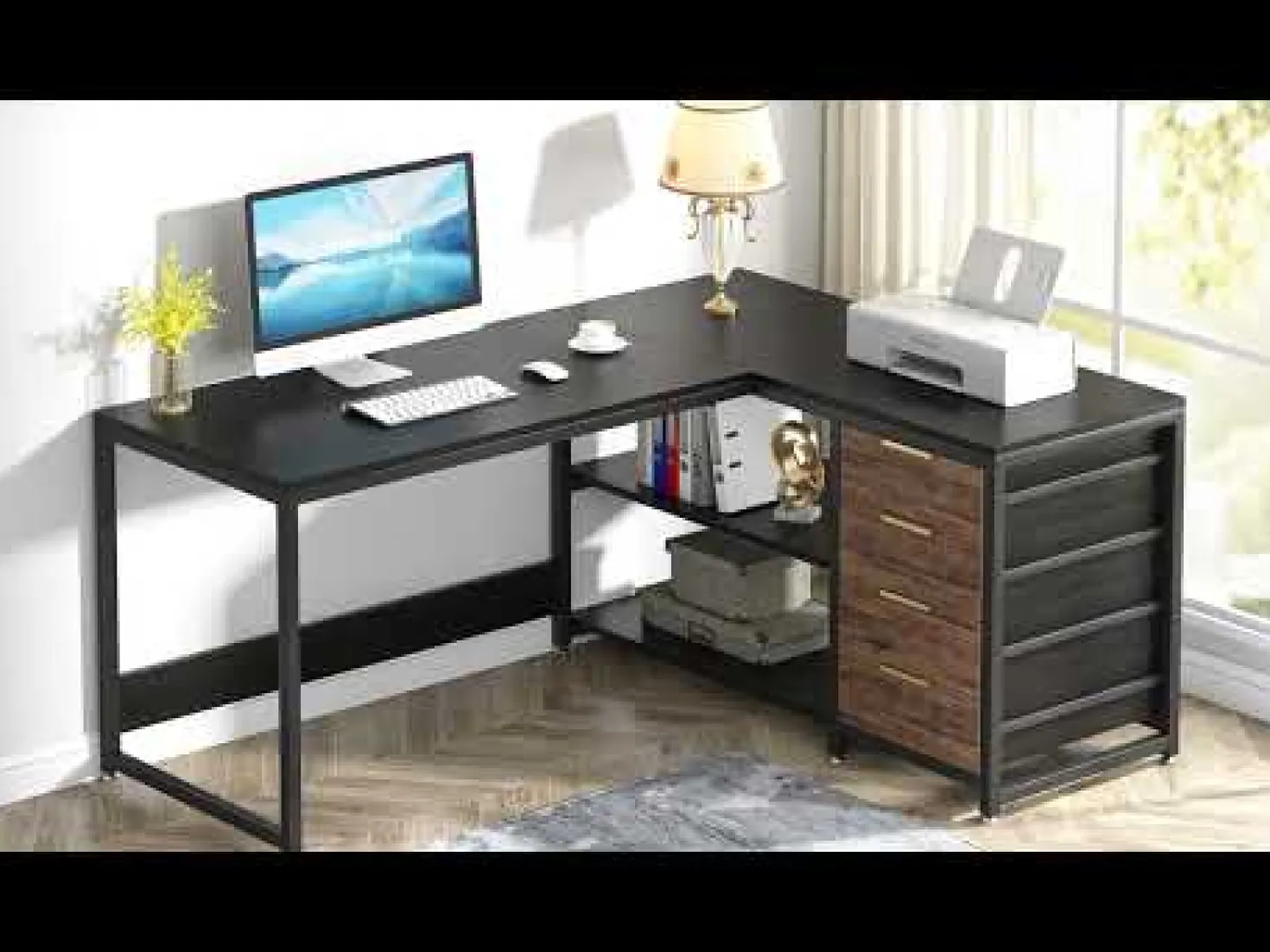 59" L-Shaped Desk, Reversible Corner Desk with Drawers & Shelves