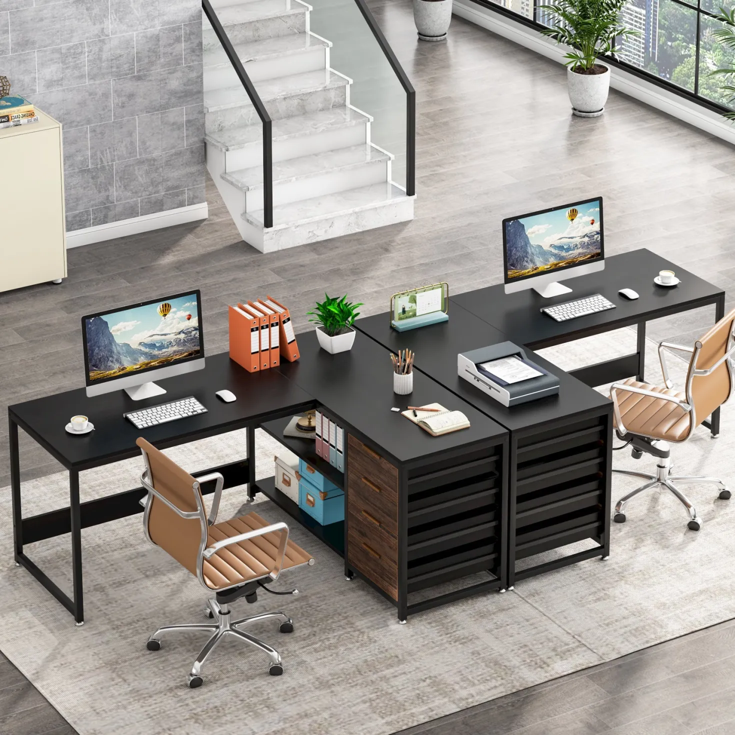 59" L-Shaped Desk, Reversible Corner Desk with Drawers & Shelves
