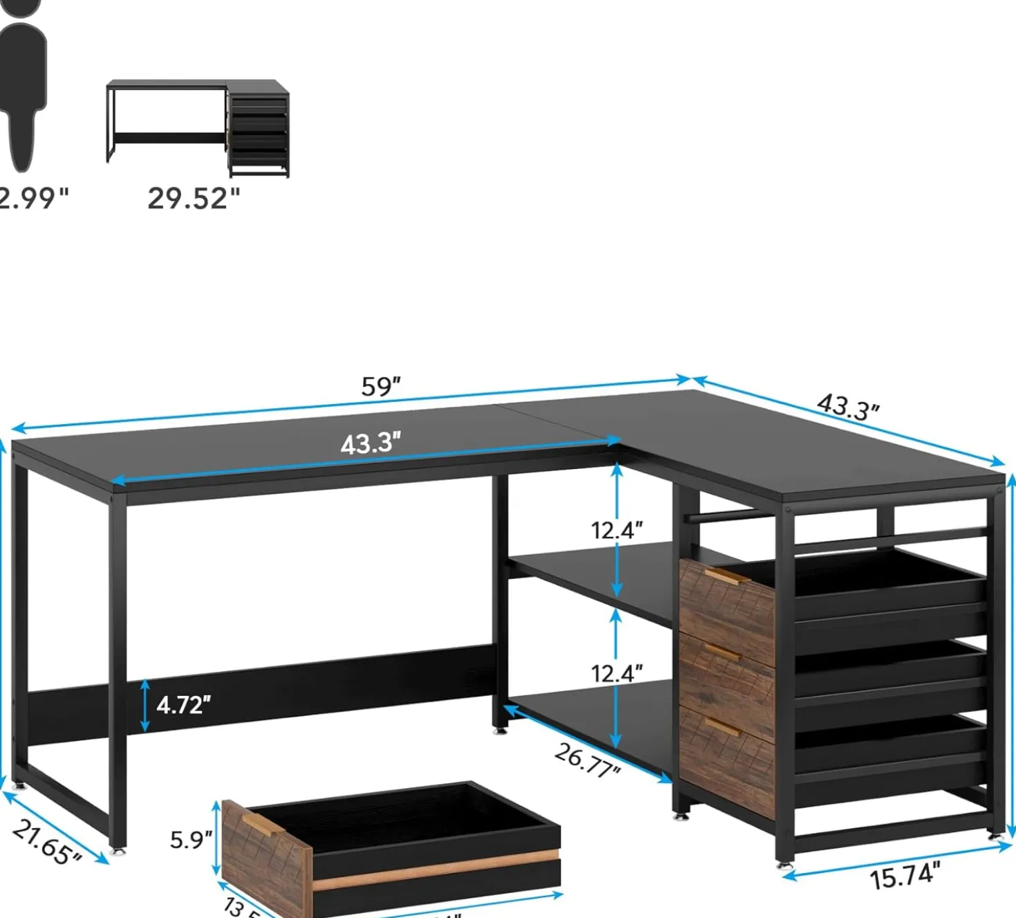 59" L-Shaped Desk, Reversible Corner Desk with Drawers & Shelves
