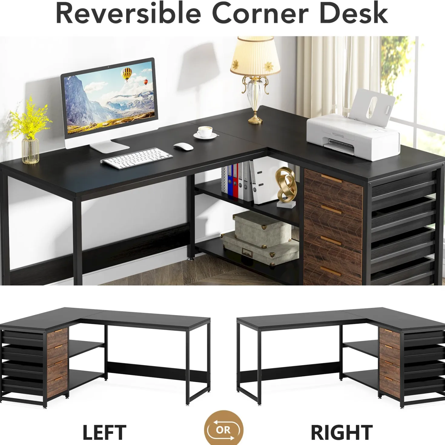 59" L-Shaped Desk, Reversible Corner Desk with Drawers & Shelves