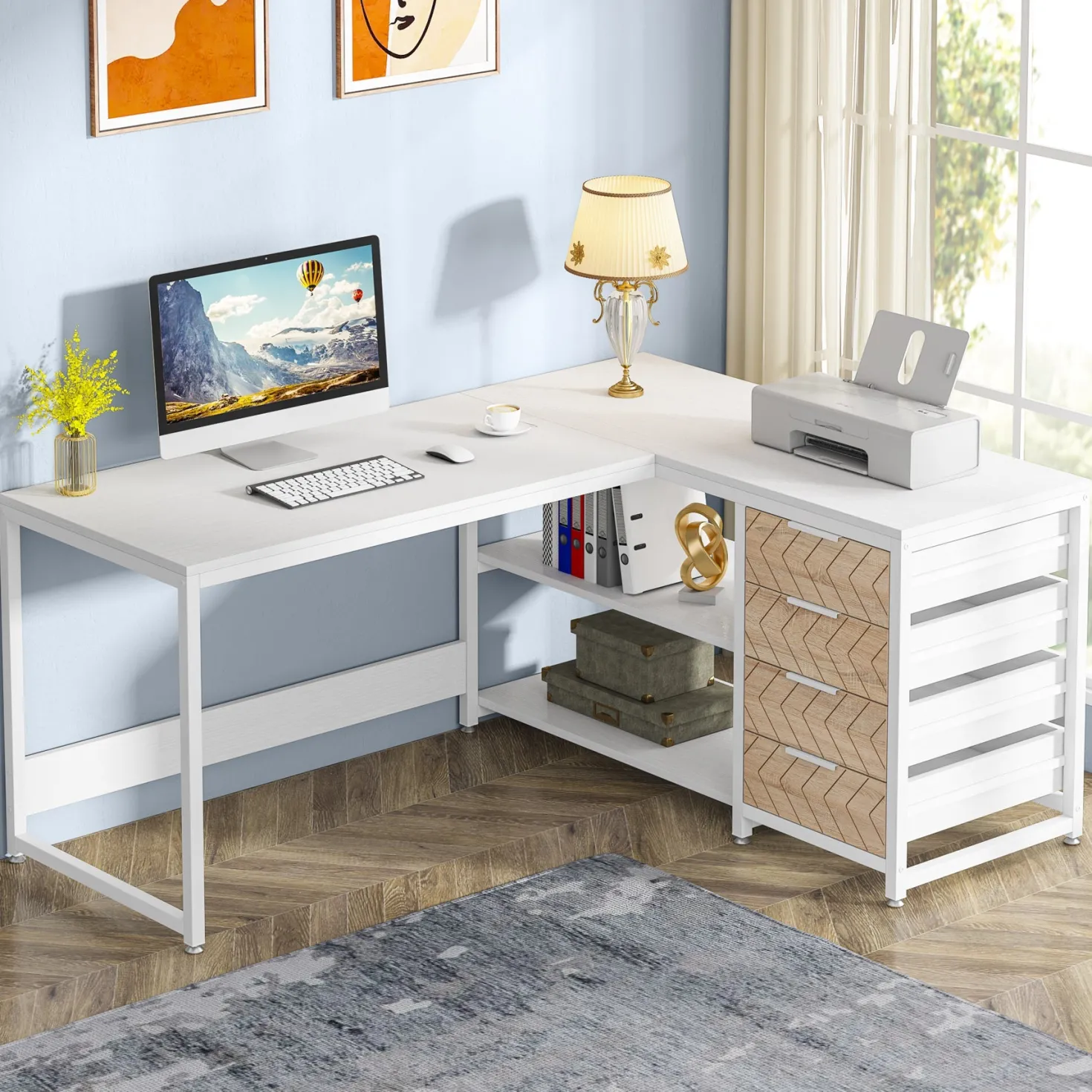 59" L-Shaped Desk, Reversible Corner Desk with Drawers & Shelves