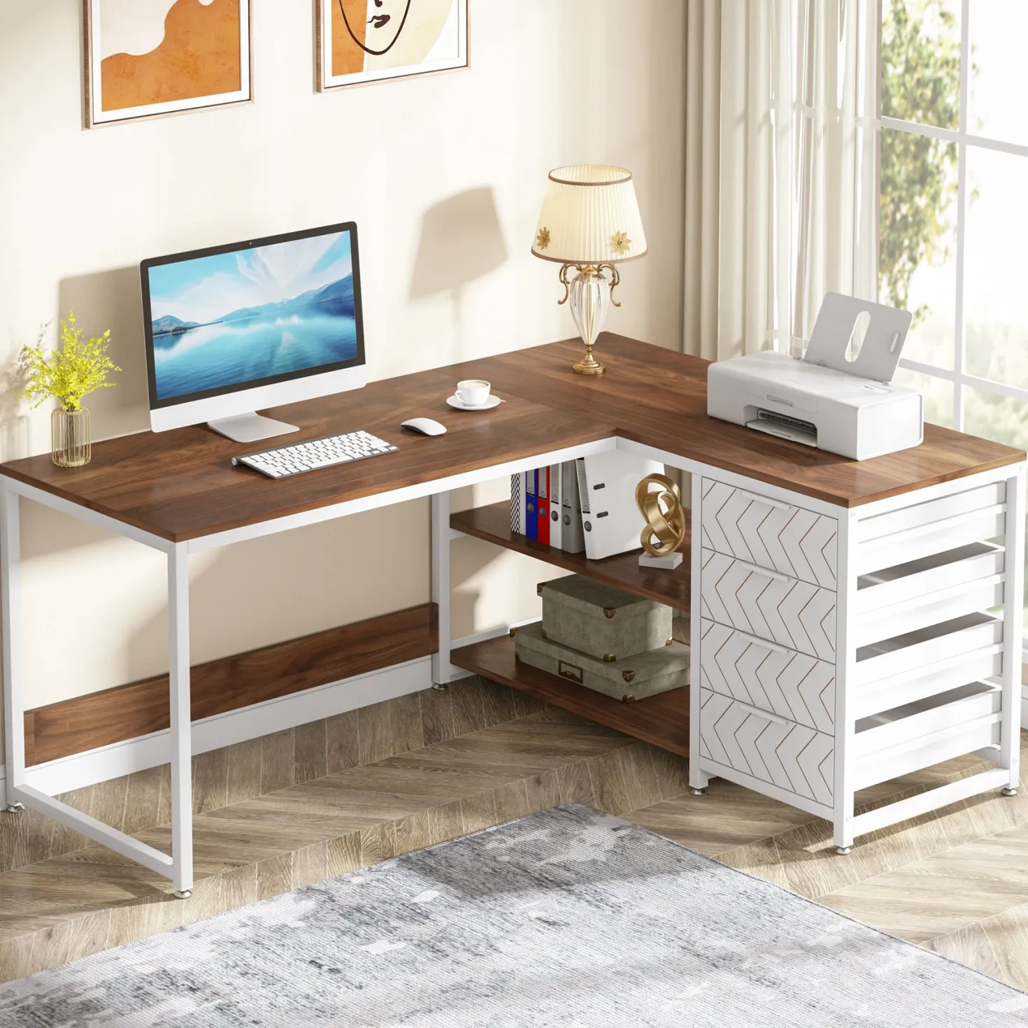 59" L-Shaped Desk, Reversible Corner Desk with Drawers & Shelves