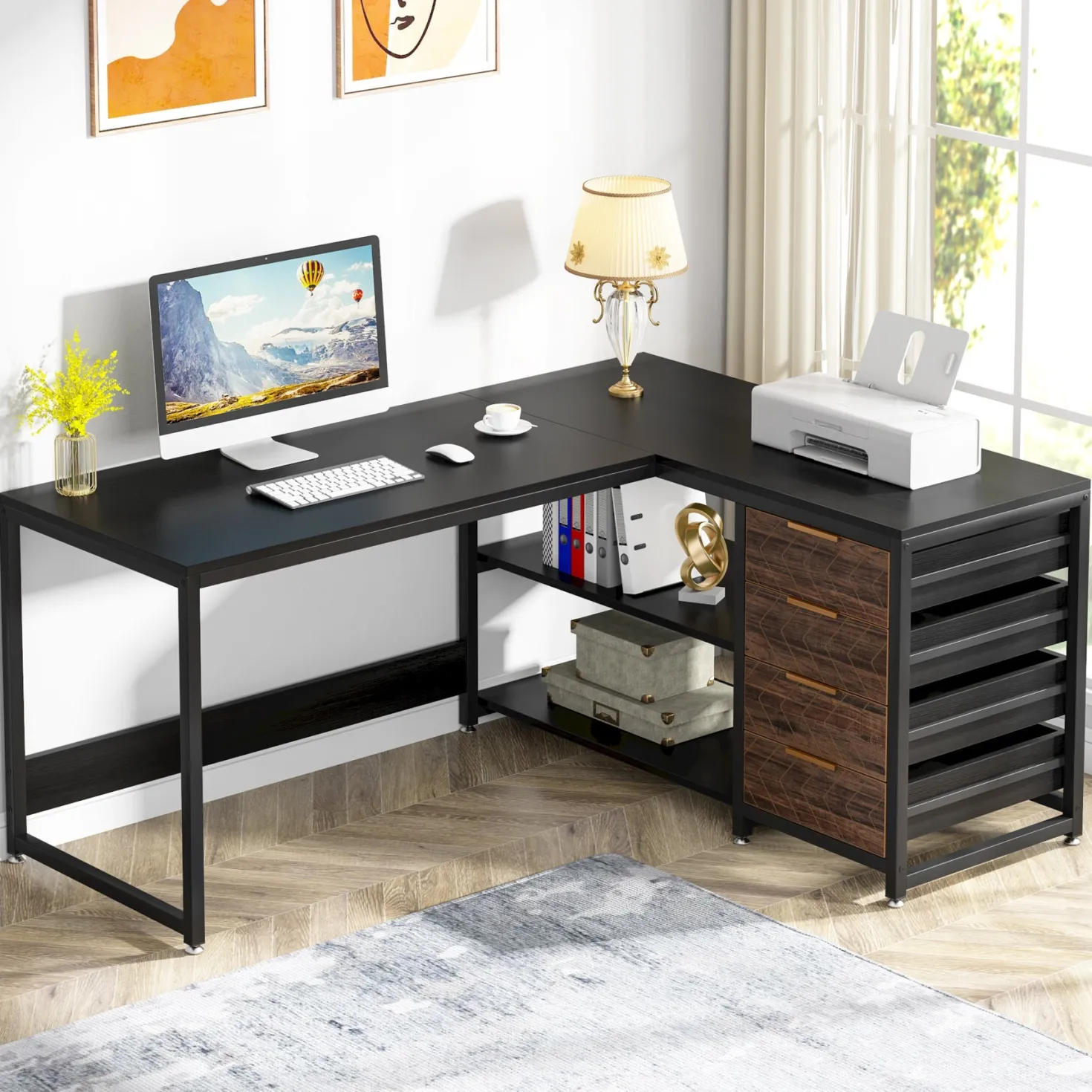 59" L-Shaped Desk, Reversible Corner Desk with Drawers & Shelves