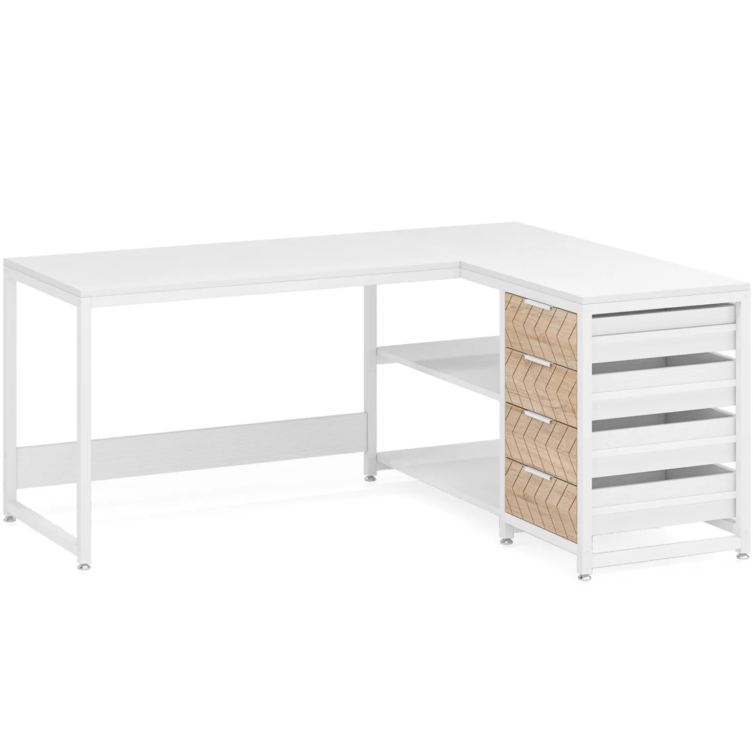 59" L-Shaped Desk, Reversible Corner Desk with Drawers & Shelves