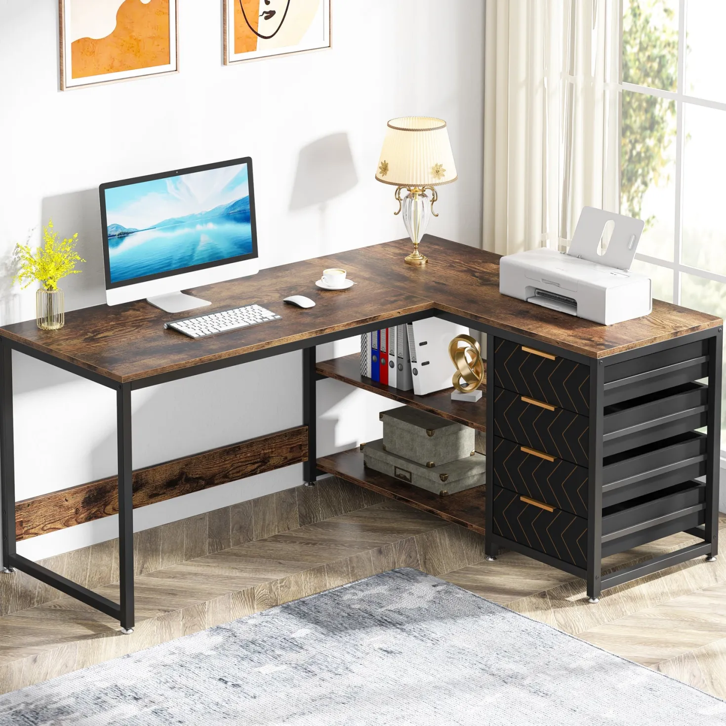 59" L-Shaped Desk, Reversible Corner Desk with Drawers & Shelves
