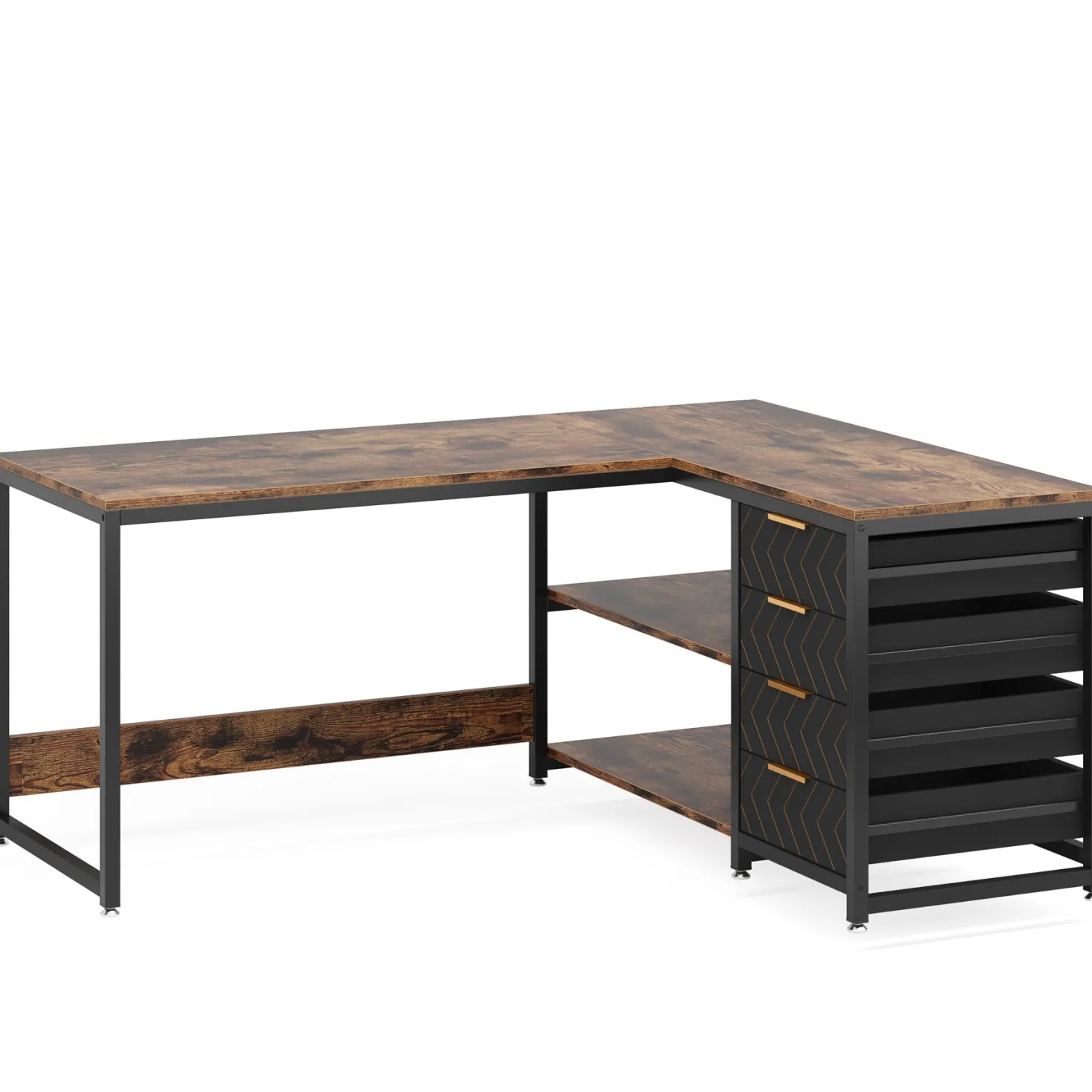 59" L-Shaped Desk, Reversible Corner Desk with Drawers & Shelves