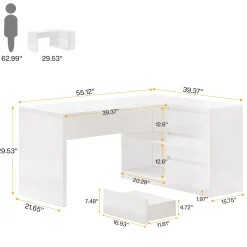 55" L-Shaped Desk with LED Lights, Executive Computer Desk with 3 Drawers