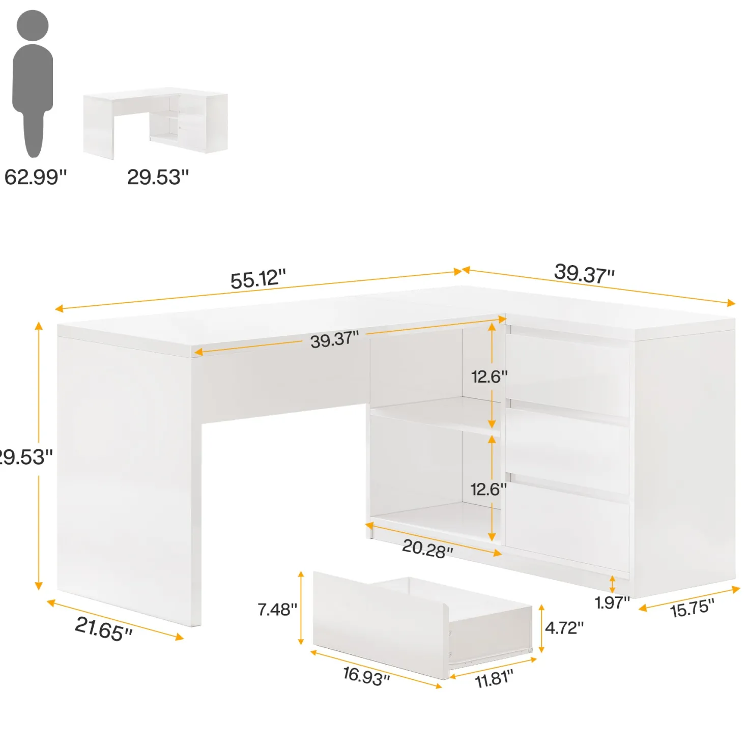 55" L-Shaped Desk with LED Lights, Executive Computer Desk with 3 Drawers