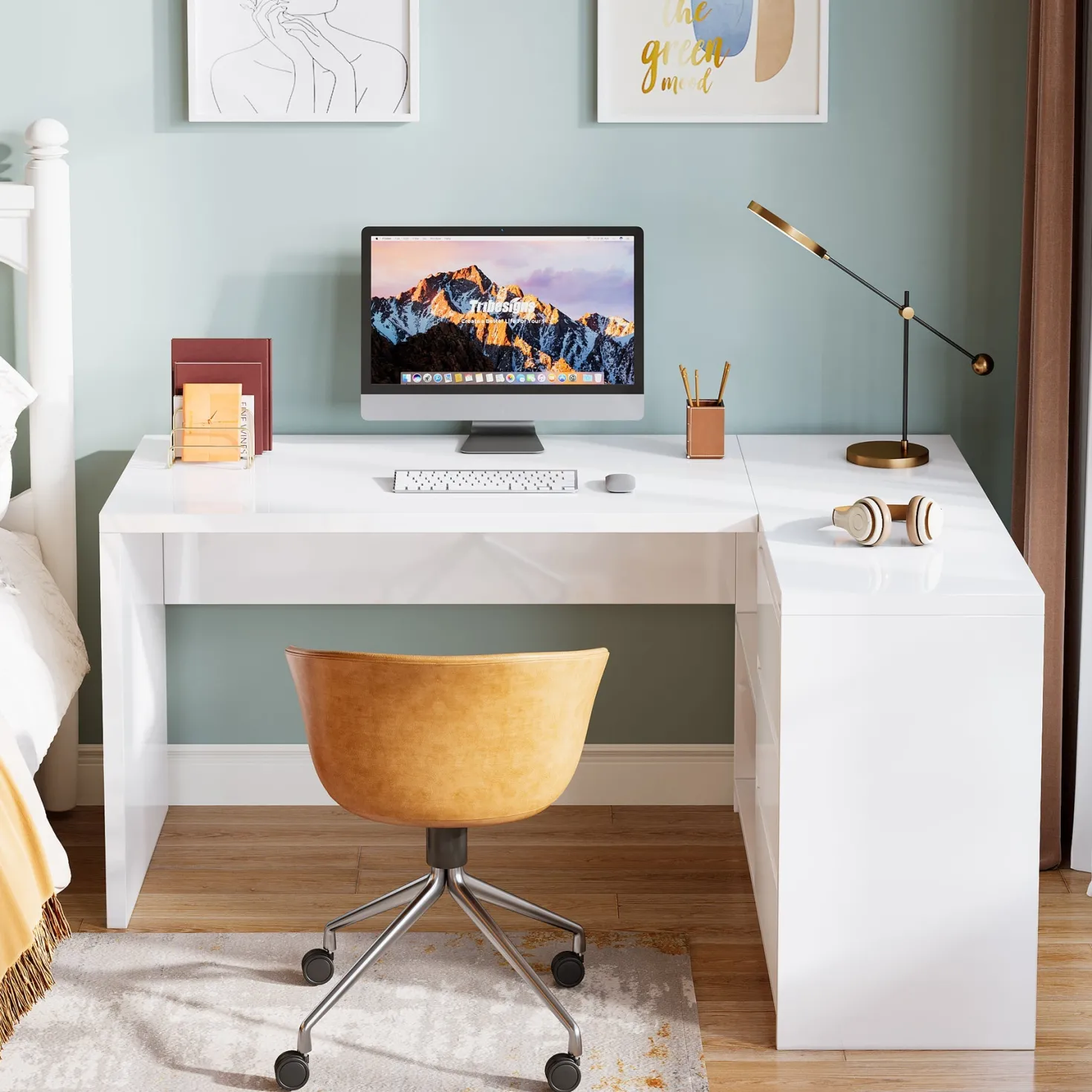 55" L-Shaped Desk with LED Lights, Executive Computer Desk with 3 Drawers