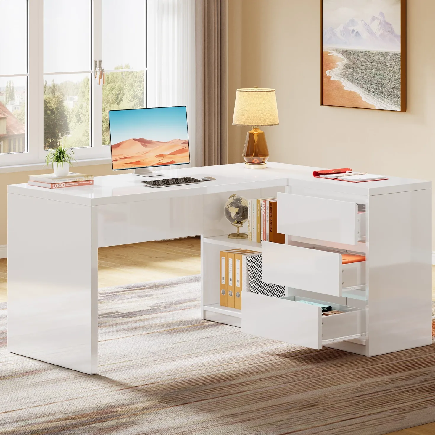 55" L-Shaped Desk with LED Lights, Executive Computer Desk with 3 Drawers