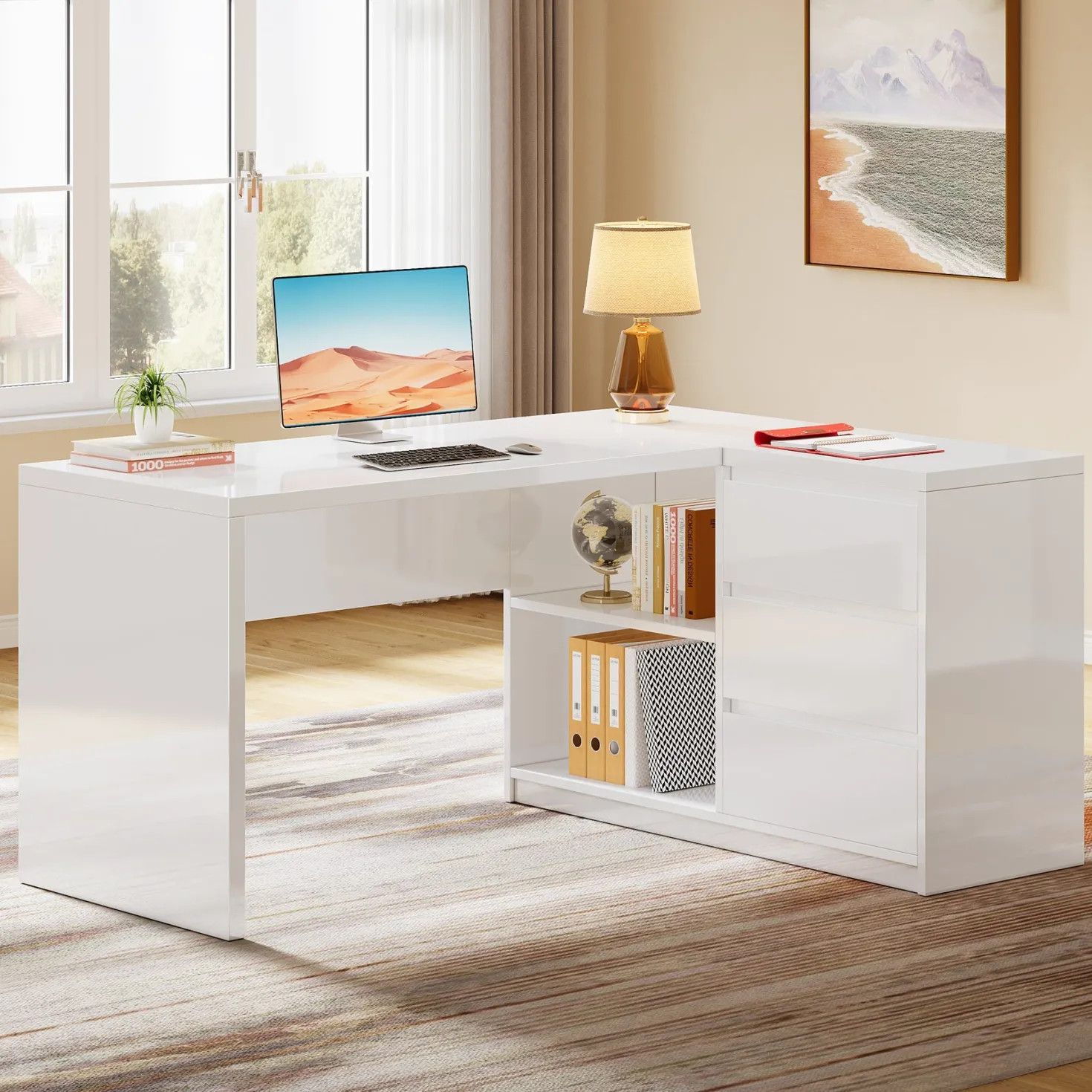 55" L-Shaped Desk with LED Lights, Executive Computer Desk with 3 Drawers