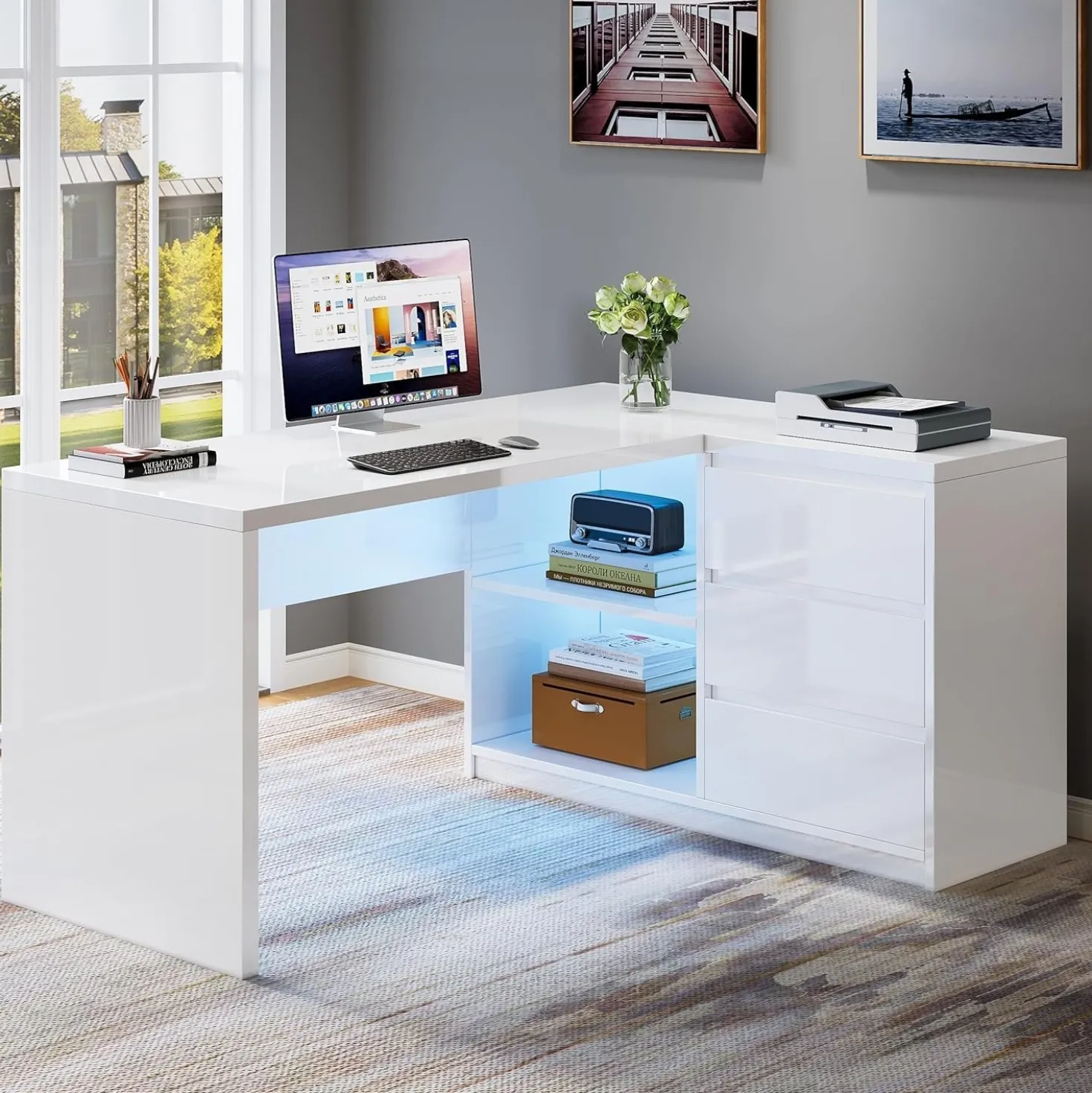 55" L-Shaped Desk with LED Lights, Executive Computer Desk with 3 Drawers