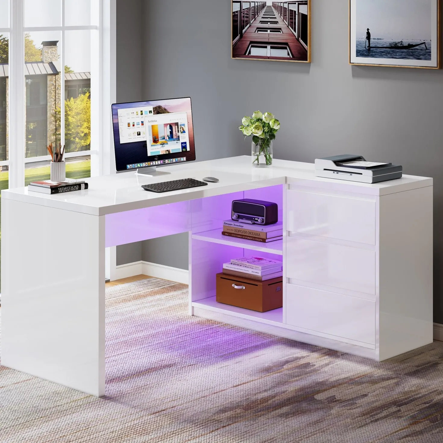 55" L-Shaped Desk with LED Lights, Executive Computer Desk with 3 Drawers