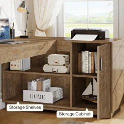 59" L-Shaped Desk with Storage Cabinet, Farmhouse Corner Computer Desk with Open Storage Shelves for Office