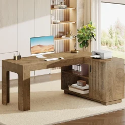 59" L-Shaped Desk with Storage Cabinet, Farmhouse Corner Computer Desk with Open Storage Shelves for Office