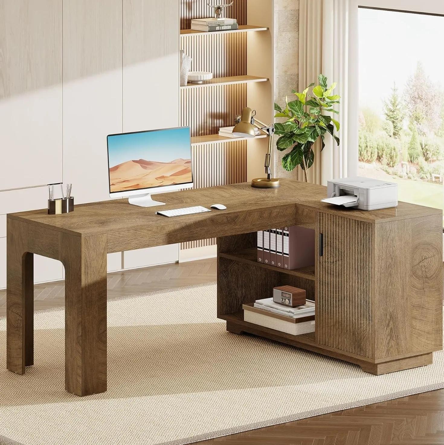 59" L-Shaped Desk with Storage Cabinet, Farmhouse Corner Computer Desk with Open Storage Shelves for Office